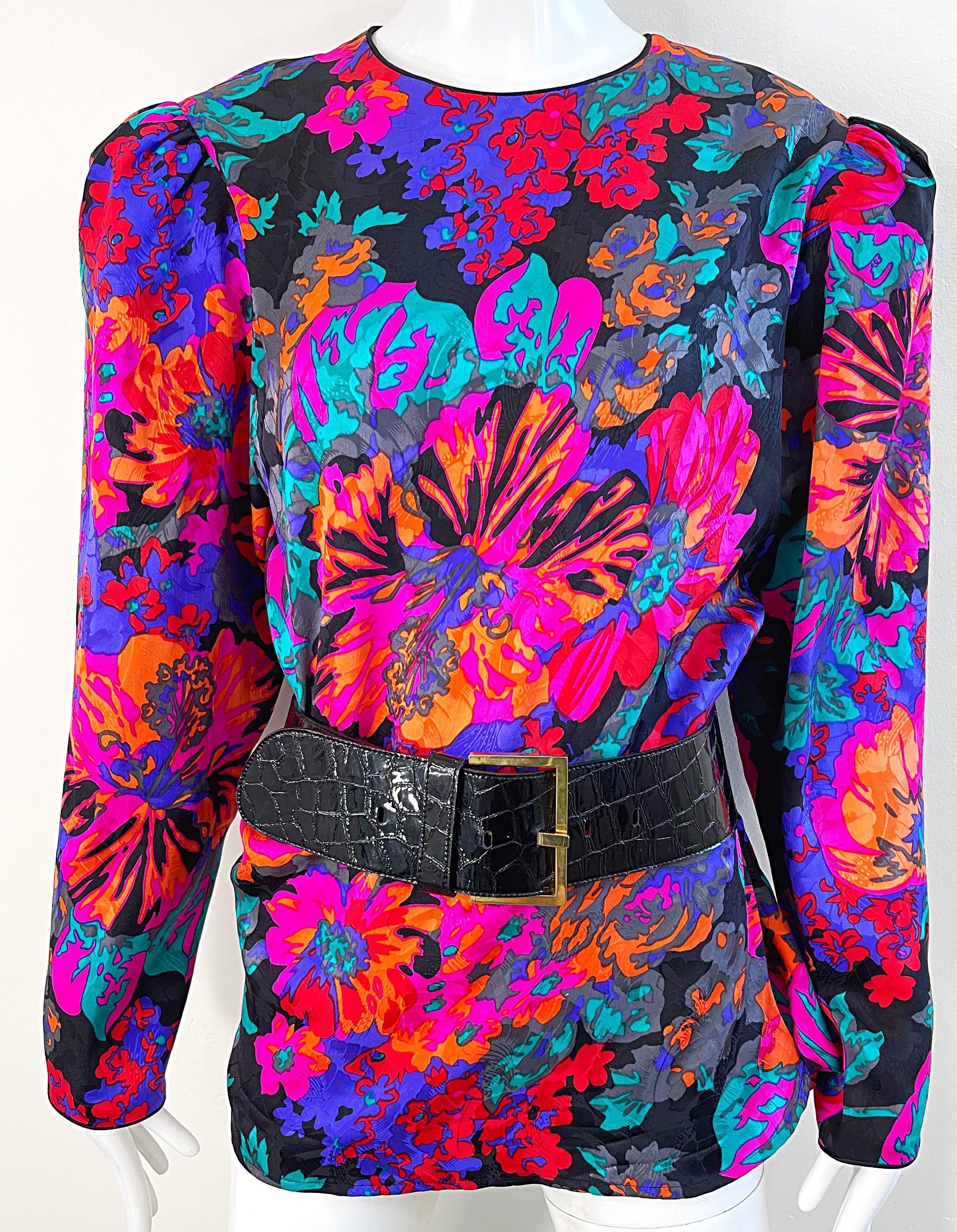 Flora Kung Vintage Bluse mit tropischem, leuchtendem Hawaii-Hibiskus, Größe 12  im Angebot 3