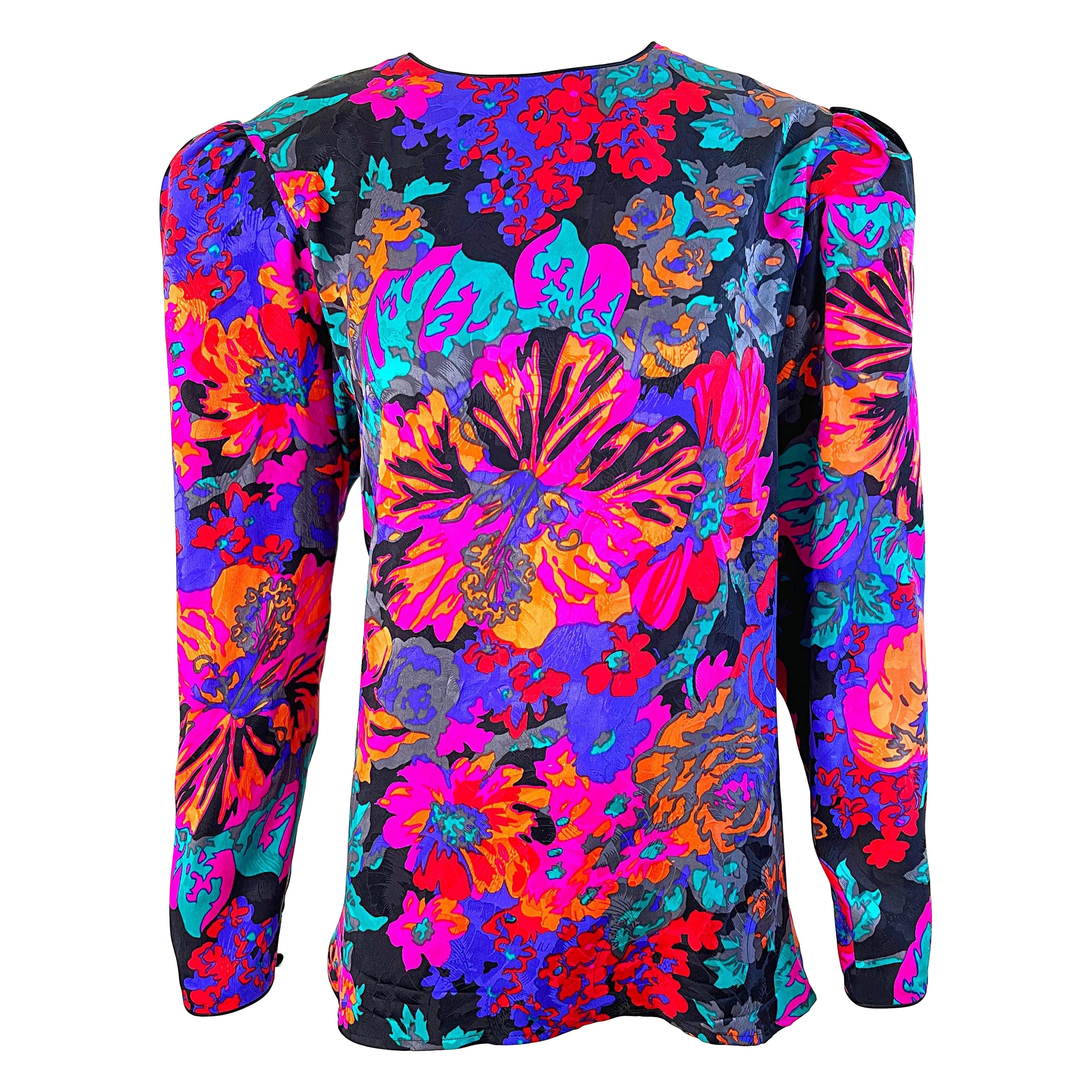 Flora Kung Vintage Bluse mit tropischem, leuchtendem Hawaii-Hibiskus, Größe 12