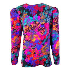 Años 80 Flora Kung Talla 12 Hibiscus Tropical Color Brillante Blusa Hawaiana Vintage