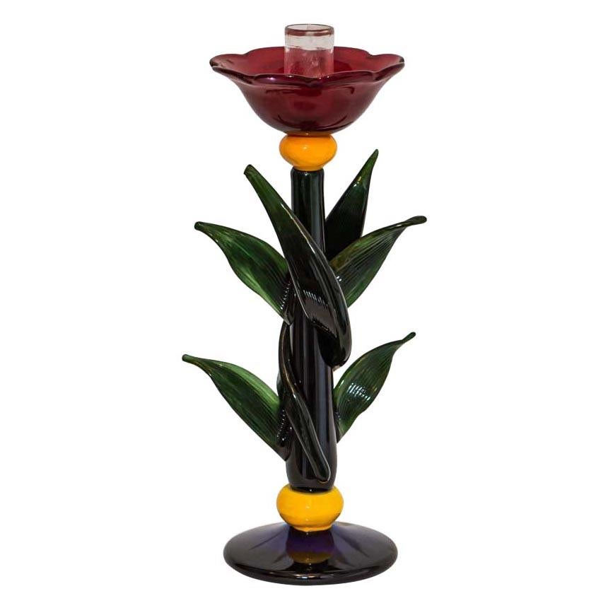 1980s Floral Art Glass Murano Blown Glass Candleholder by Silvano Signoretto