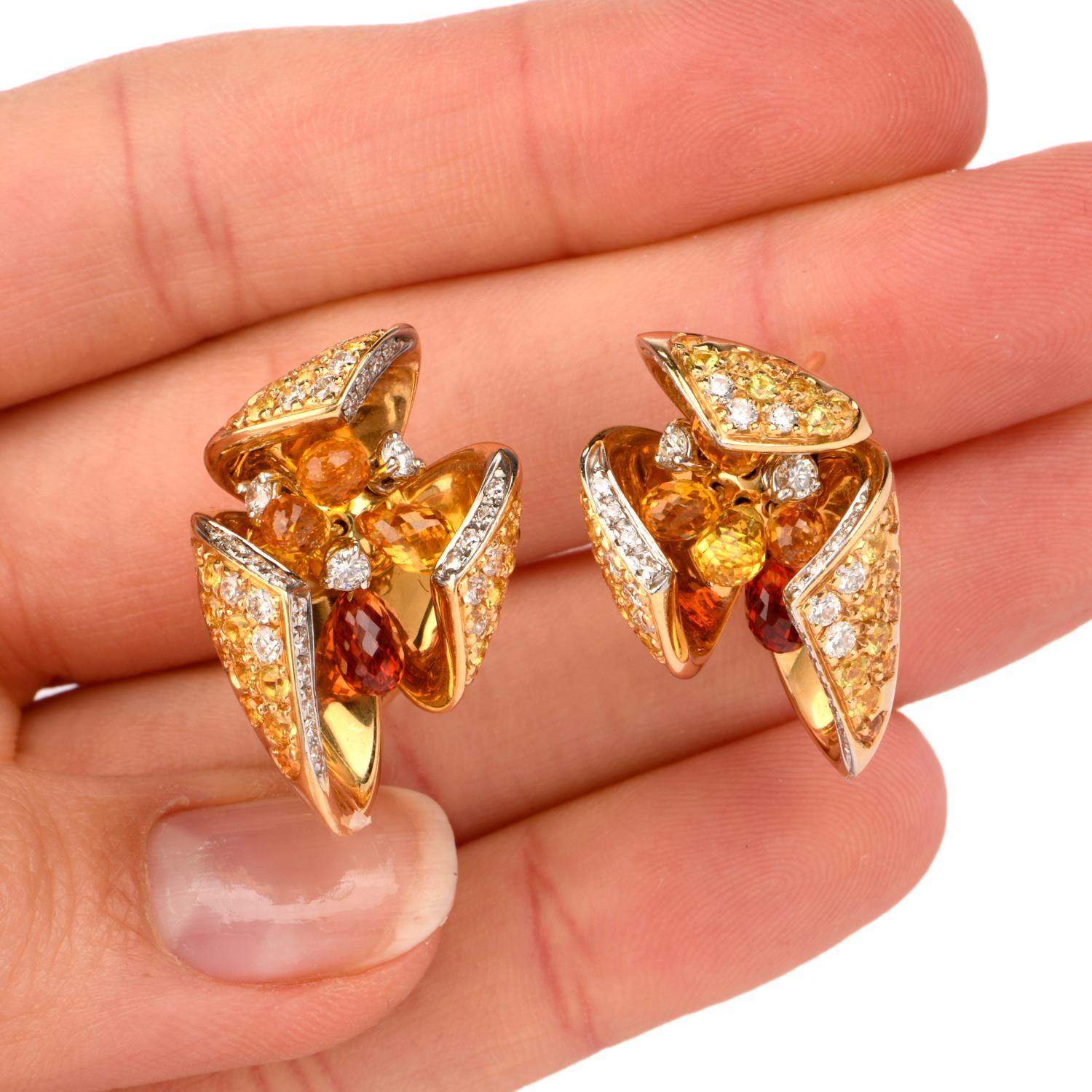 1980s Floral Diamond Sapphire Gold Italian Clip Back Earrings 1