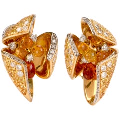 1980s Floral Diamond Sapphire Gold Italian Clip Back Earrings