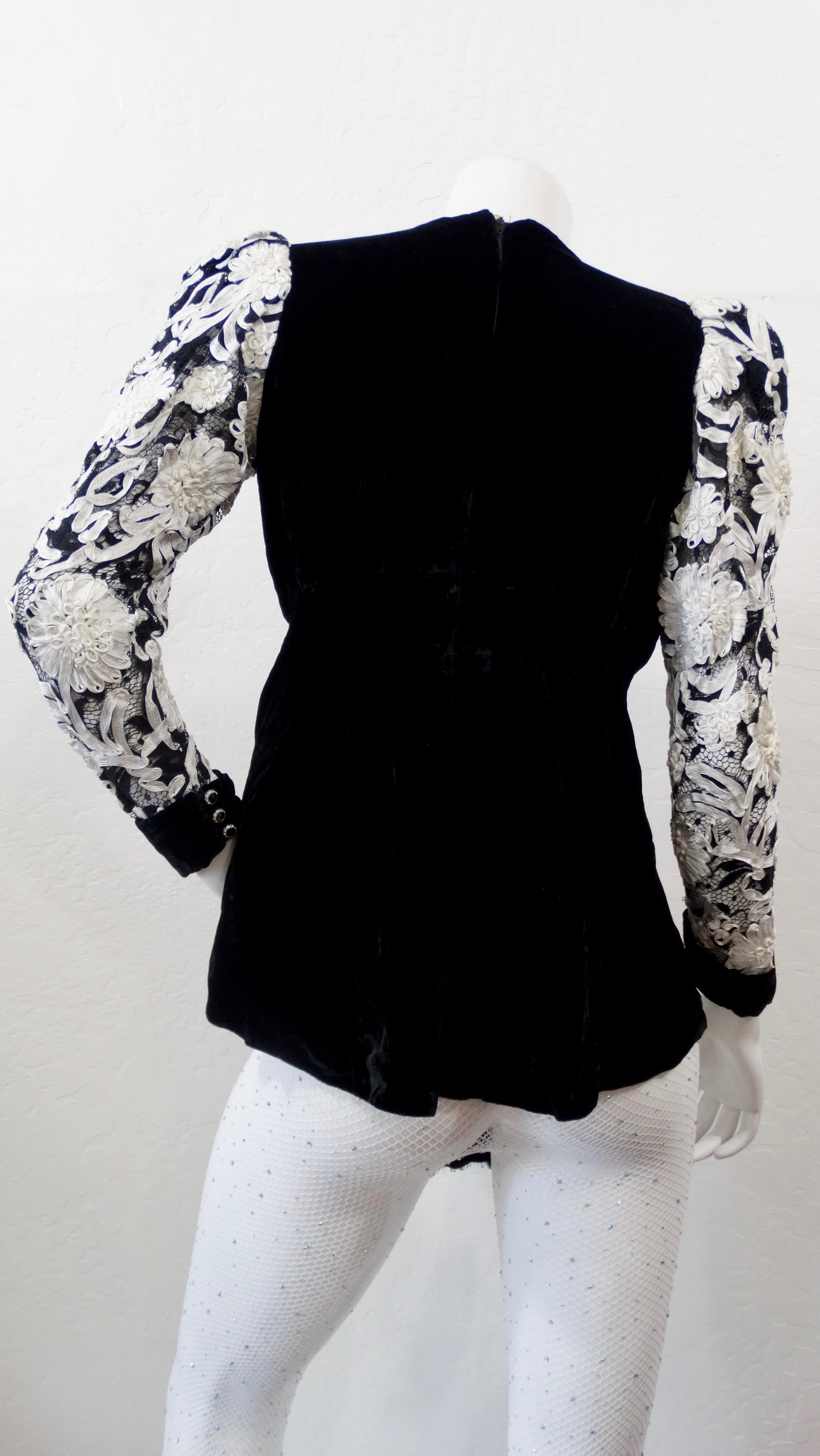 Black 1980s Floral Embroidered Velour Blouse For Sale