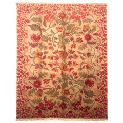 1980s Floral Indian Rug Handmade in Wool and Cotton in Yellow, Olive and Red