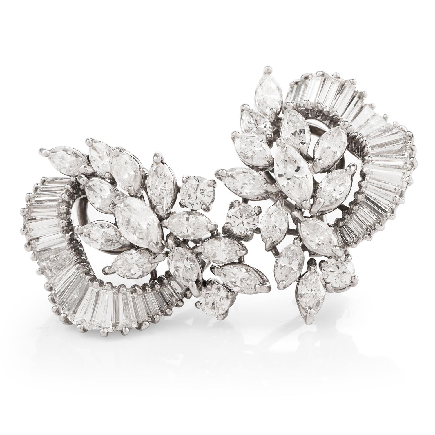 Marquise Cut 1980s Floral Marquise Diamond Cluster Platinum Clip-On Earrings