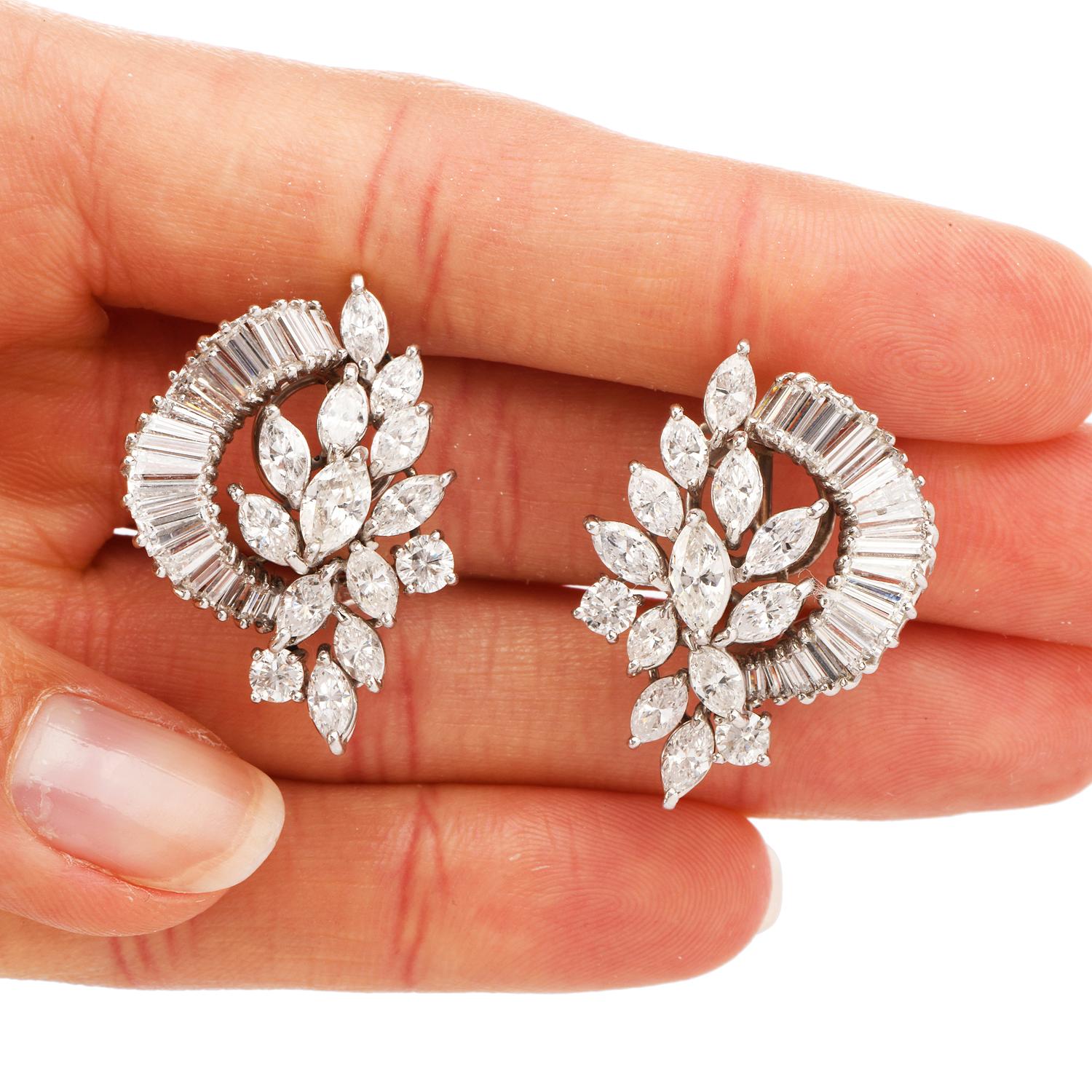 Women's 1980s Floral Marquise Diamond Cluster Platinum Clip-On Earrings