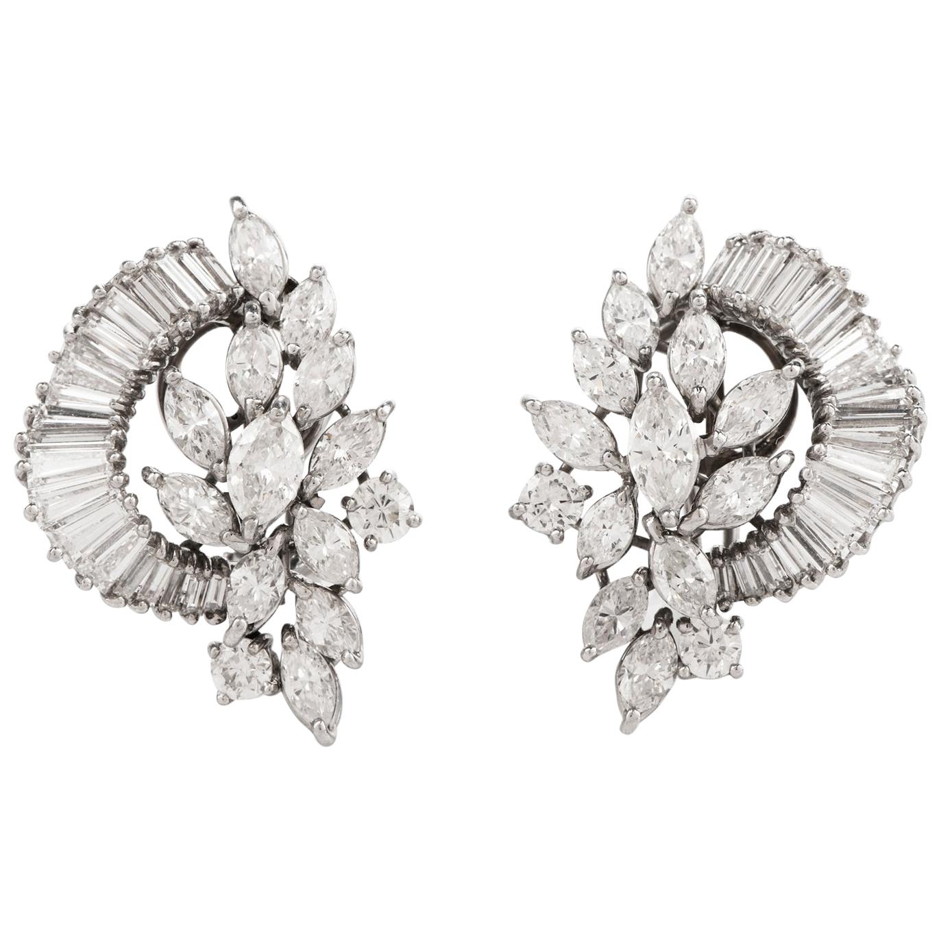 1980s Floral Marquise Diamond Cluster Platinum Clip-On Earrings