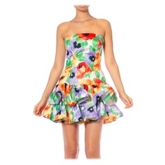 1980S Floral Print Strapless Formal Taffeta Boned Cocktail Dress Ruffle Hem