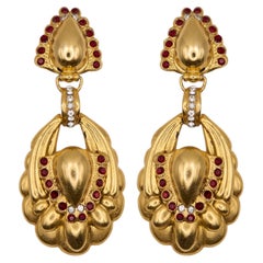 Clip-Ohrringe im Flotty-Stil aus den 1980er Jahren, goldfarben, mit roten Crystal Stones und Strasssteinen