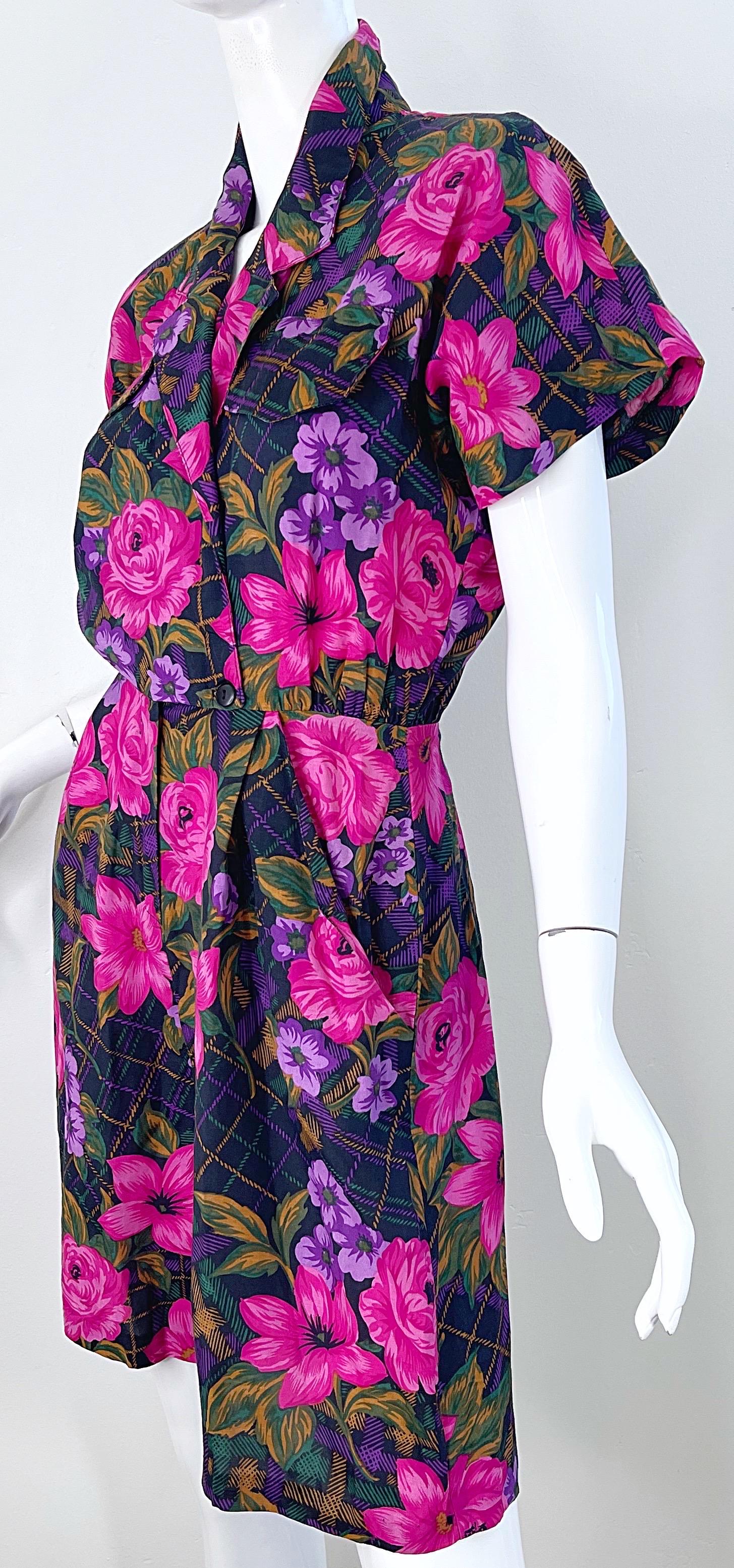 1980s Flower and Plaid Print Pink + Purple Short Sleeve Vintage 80s Romper For Sale 6