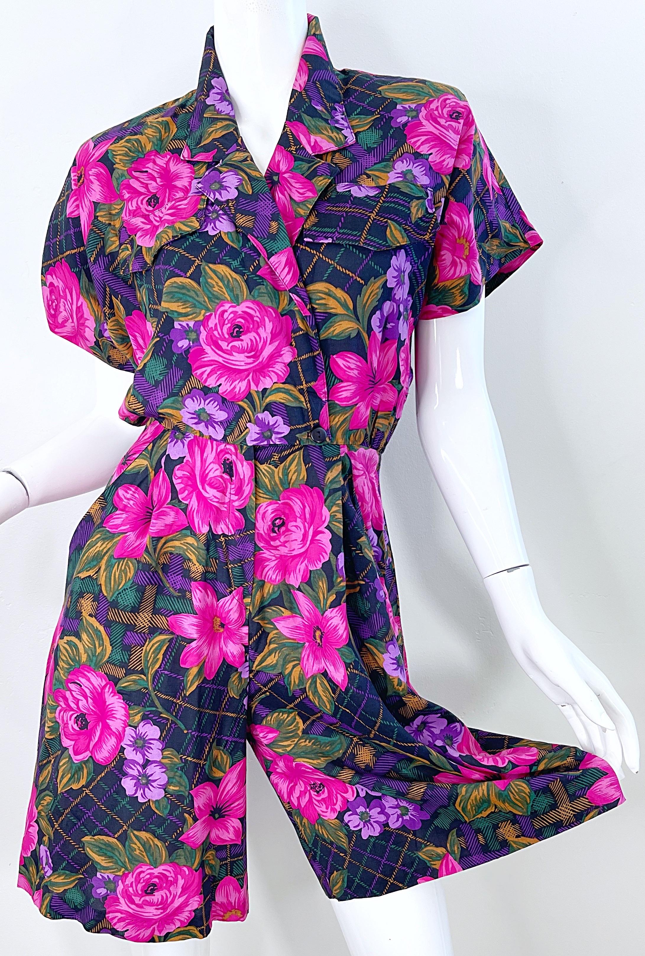 1980s Flower and Plaid Print Pink + Purple Short Sleeve Vintage 80s Romper For Sale 7