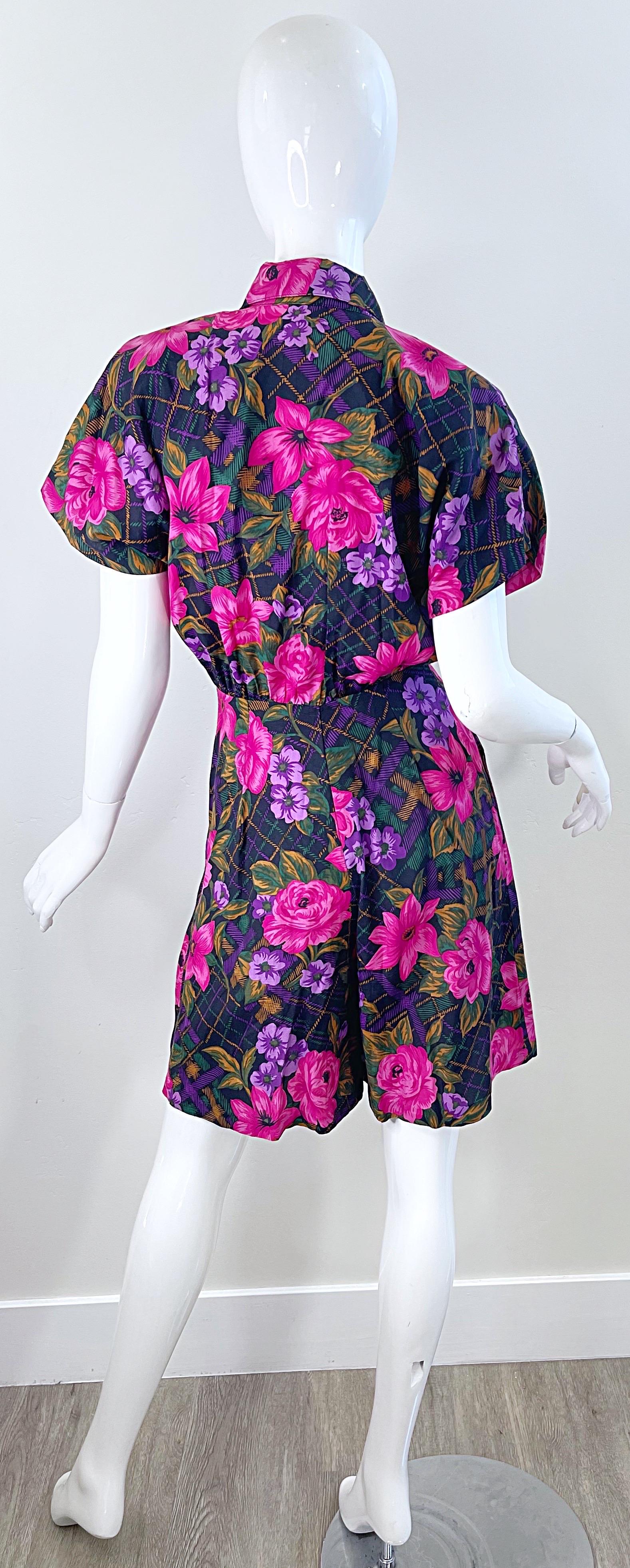 1980s Flower and Plaid Print Pink + Purple Short Sleeve Vintage 80s Romper  For Sale 8