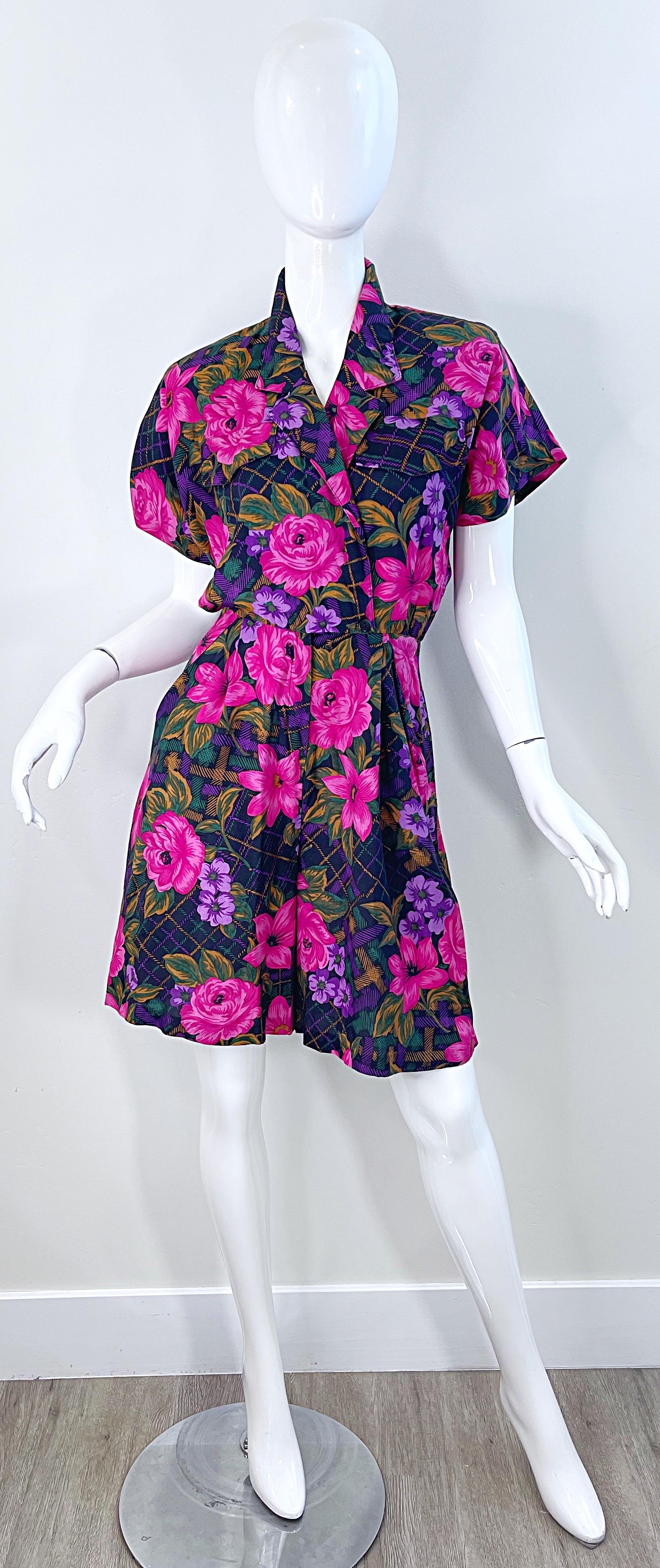 1980s Flower and Plaid Print Pink + Purple Short Sleeve Vintage 80s Romper For Sale 9