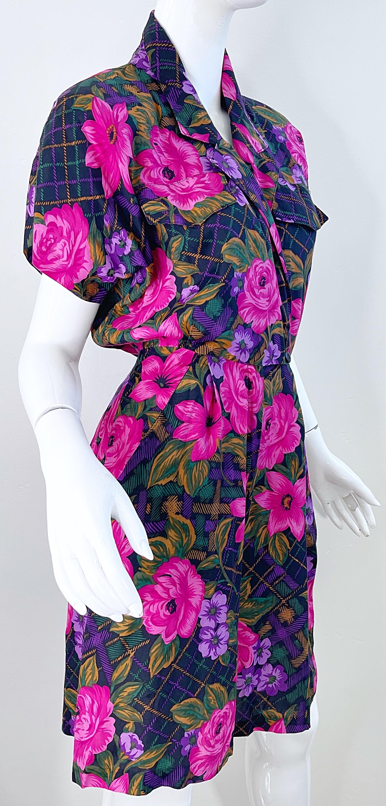 1980s Flower and Plaid Print Pink + Purple Short Sleeve Vintage 80s Romper For Sale 10