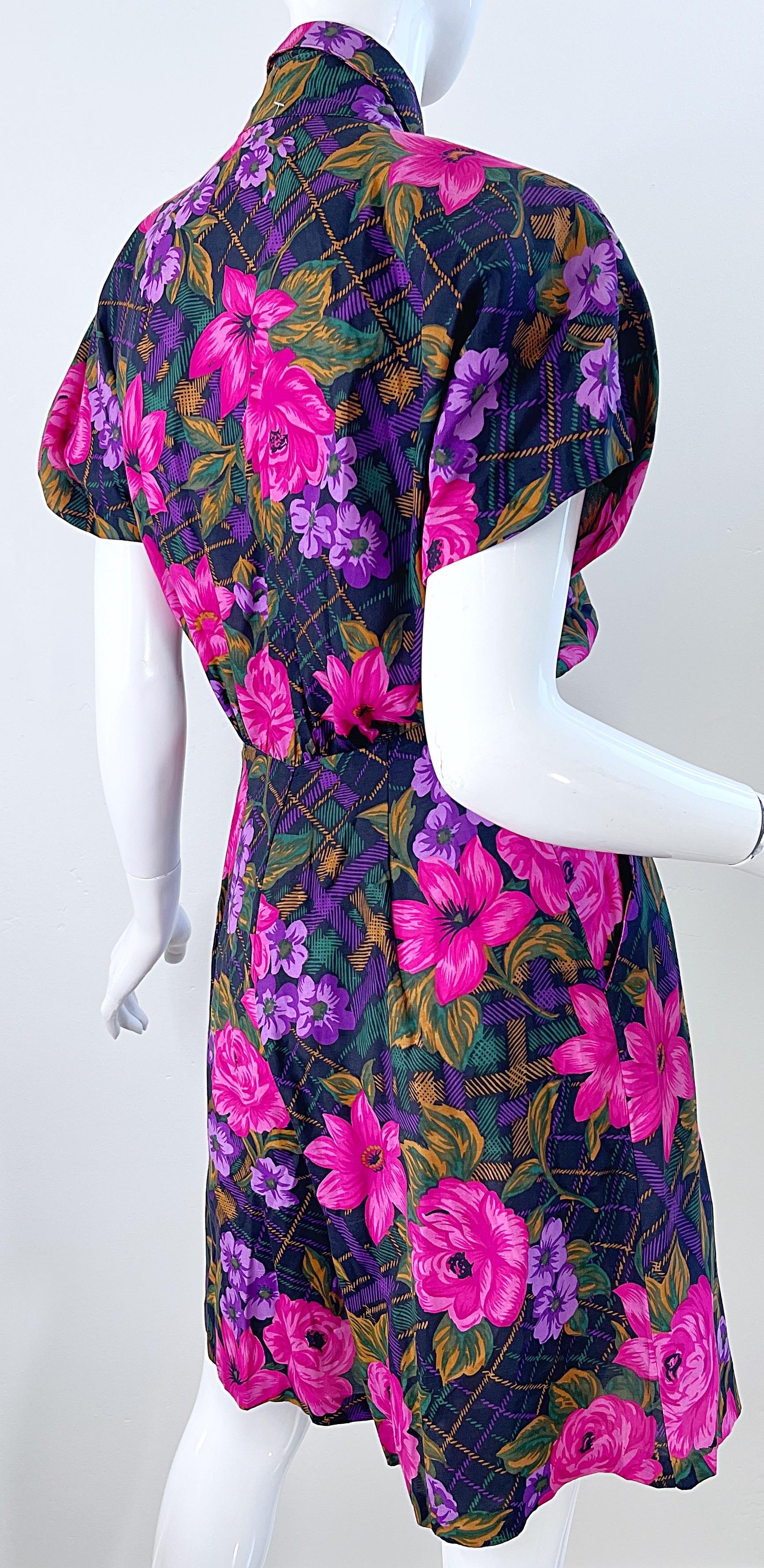 1980s Flower and Plaid Print Pink + Purple Short Sleeve Vintage 80s Romper For Sale 11