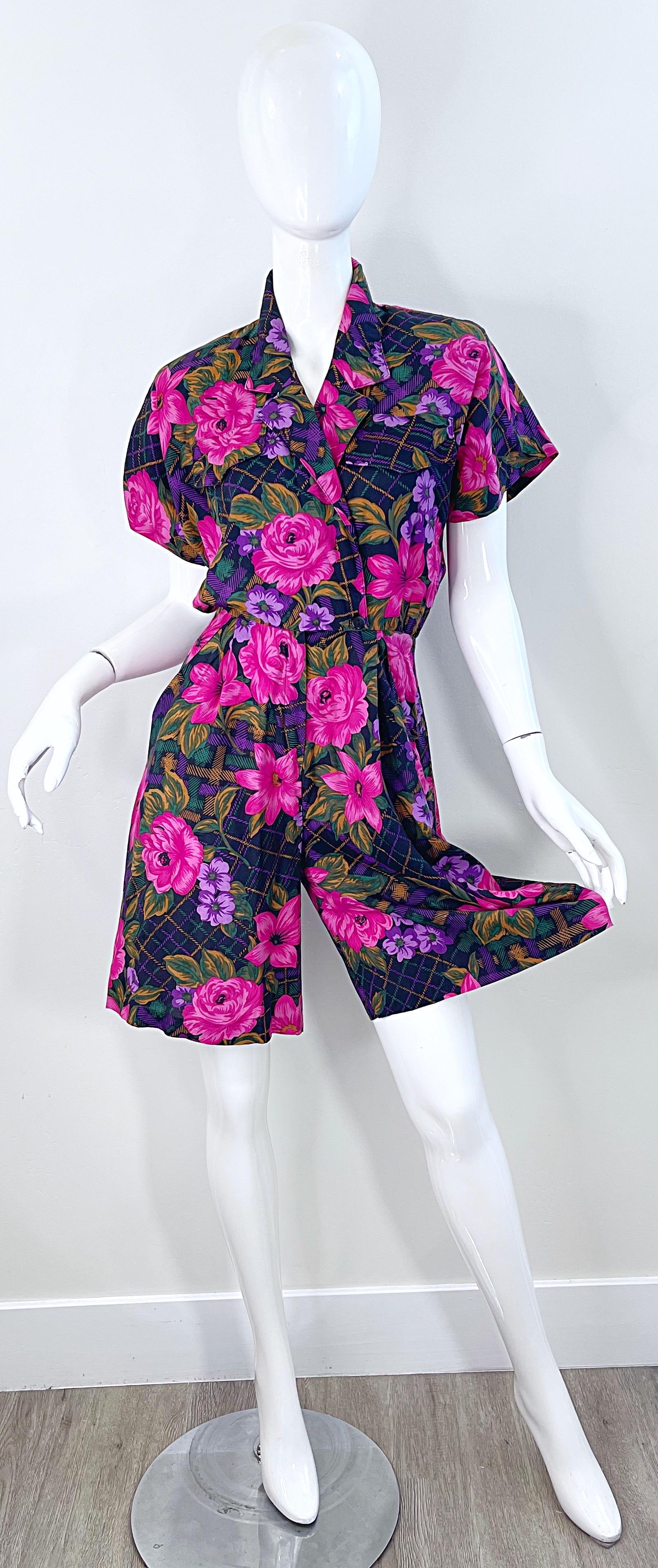1980s Flower and Plaid Print Pink + Purple Short Sleeve Vintage 80s Romper  For Sale 12