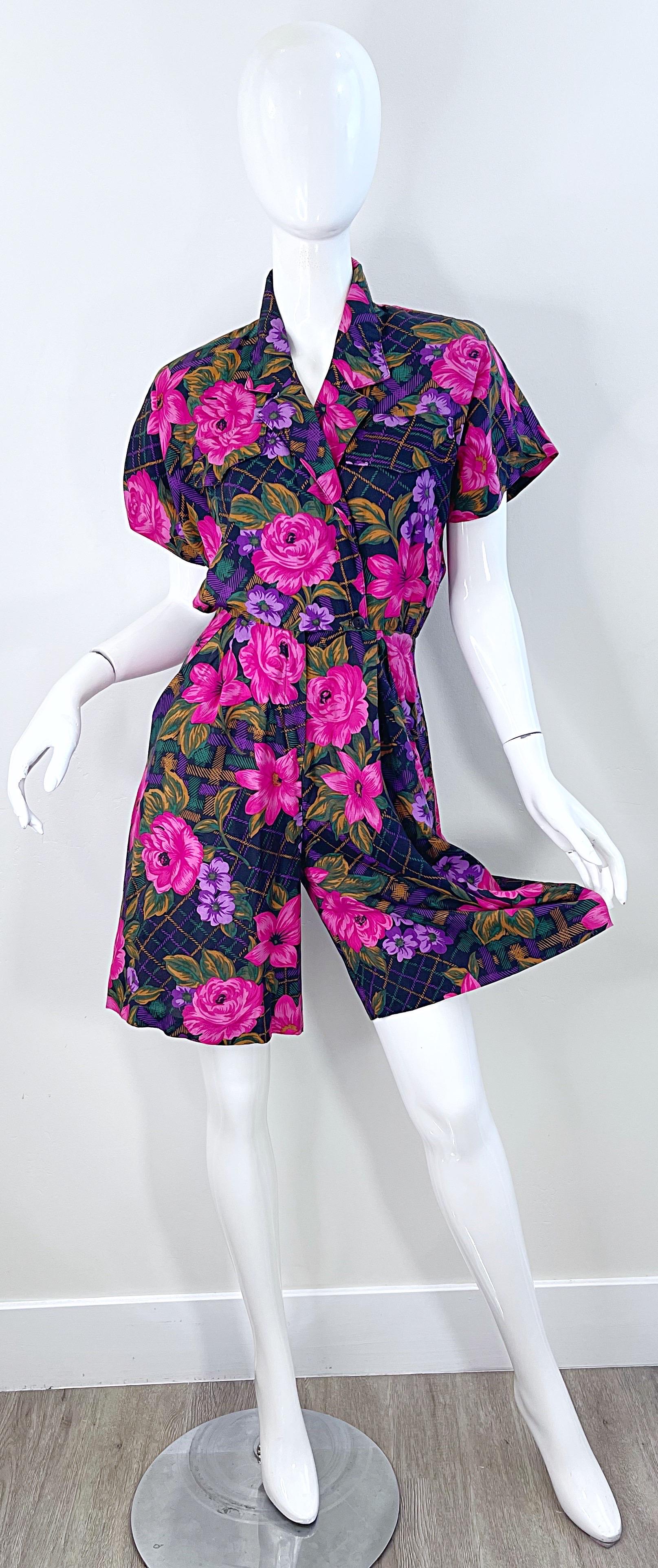 1980s Flower and Plaid Print Pink Purple Short Sleeve Vintage 80s Romper For Sale at 1stDibs