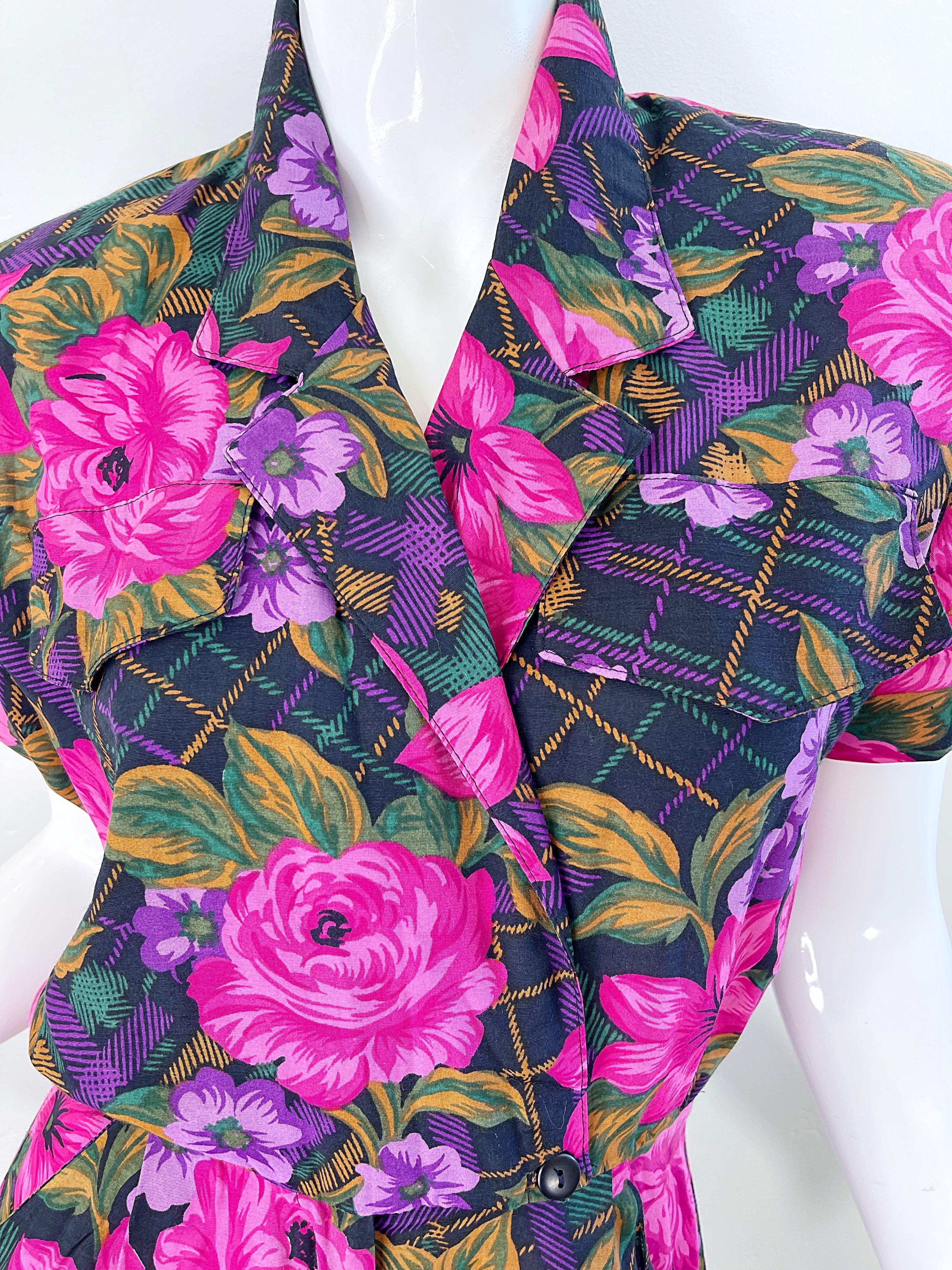 1980s Flower and Plaid Print Pink + Purple Short Sleeve Vintage 80s Romper  In Excellent Condition For Sale In San Diego, CA