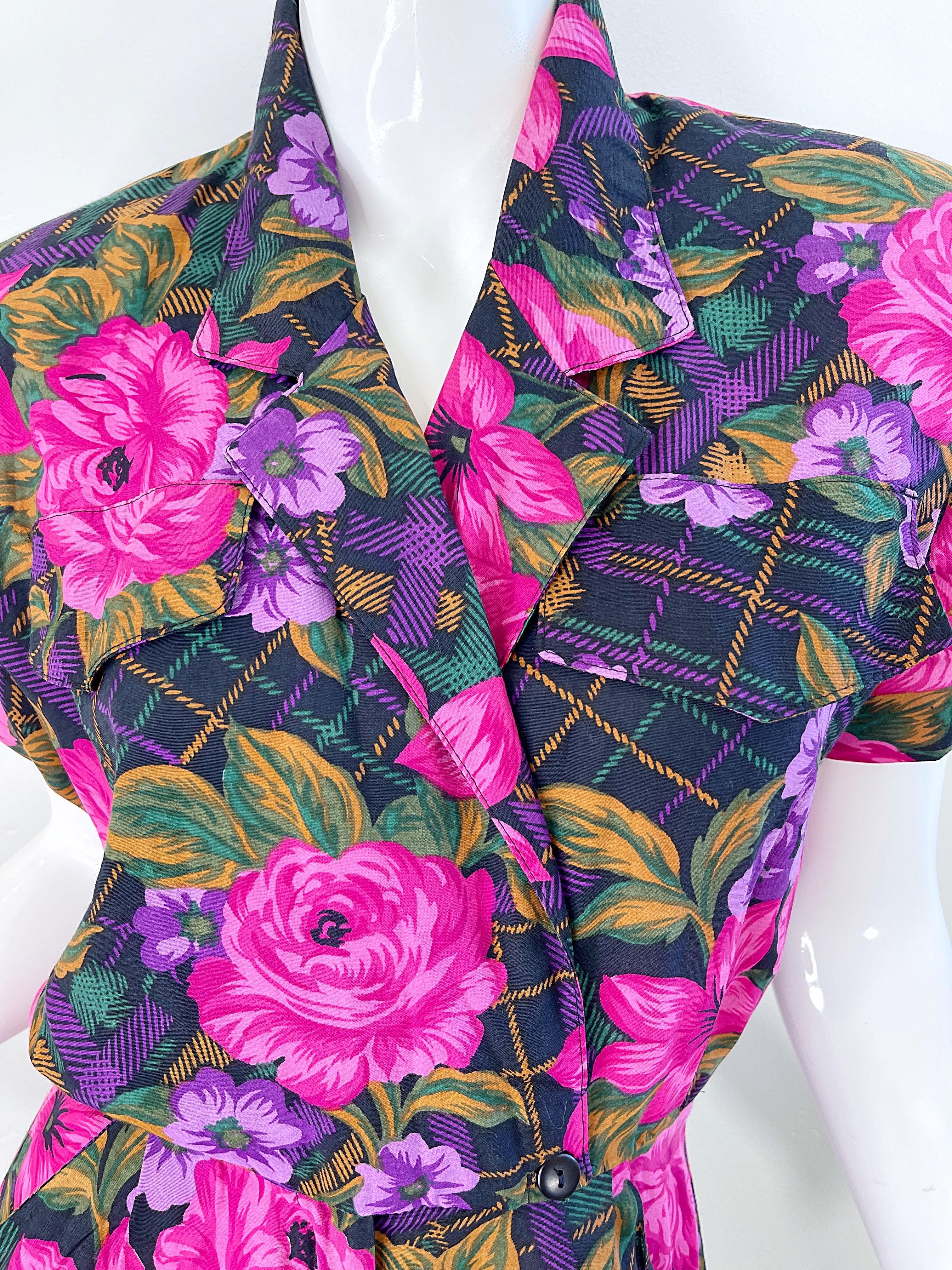 1980s Flower and Plaid Print Pink + Purple Short Sleeve Vintage 80s Romper In Excellent Condition For Sale In San Diego, CA