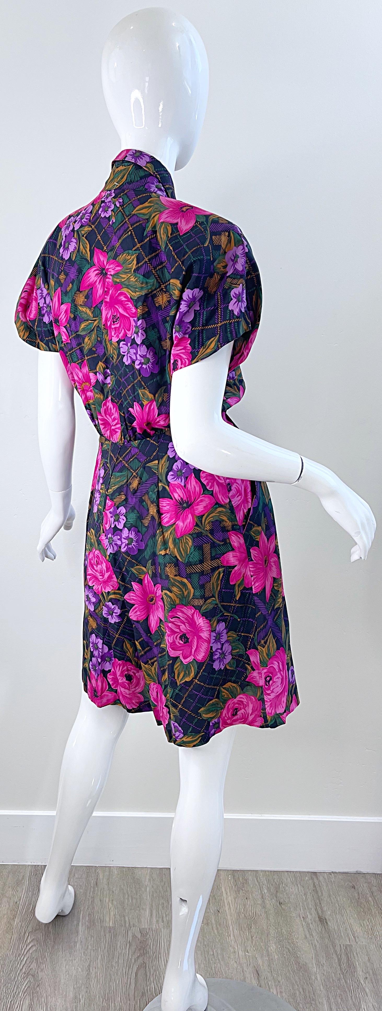 Women's 1980s Flower and Plaid Print Pink + Purple Short Sleeve Vintage 80s Romper  For Sale