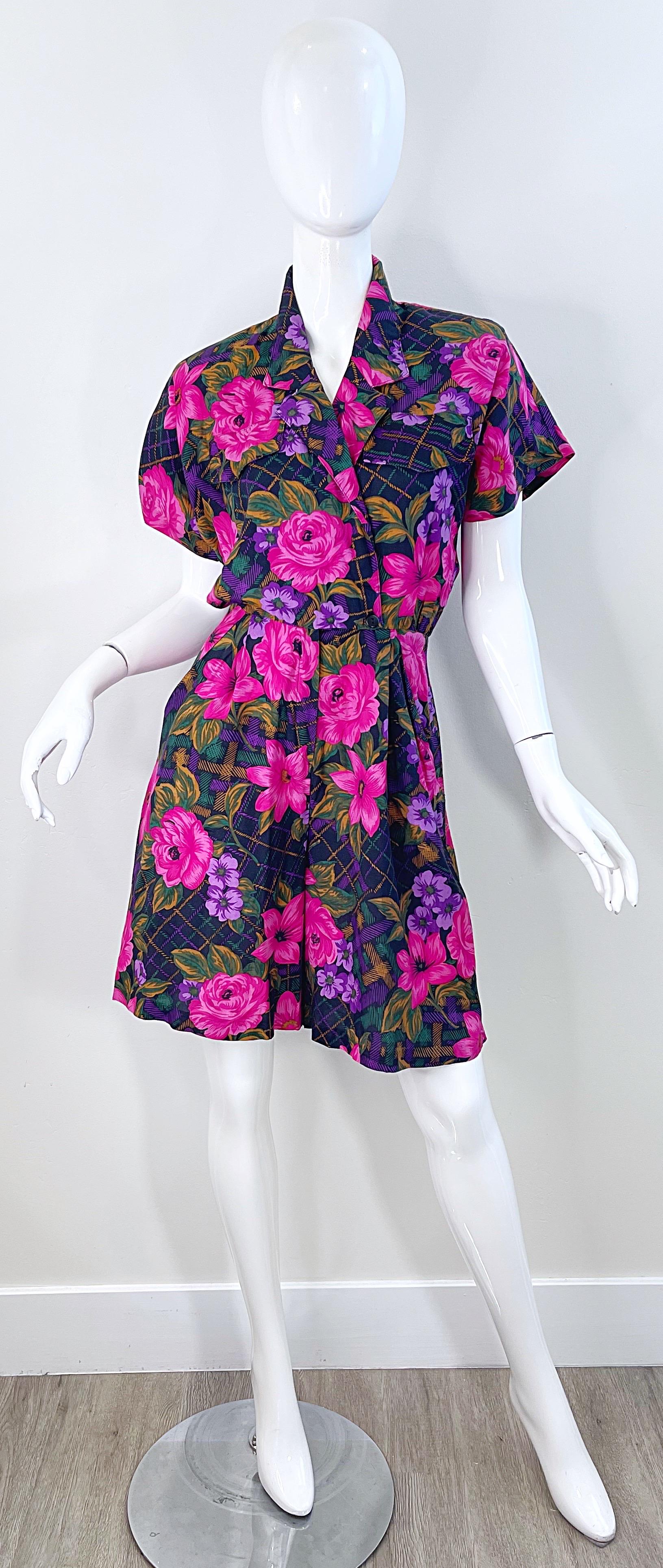 1980s Flower and Plaid Print Pink + Purple Short Sleeve Vintage 80s Romper  For Sale 1