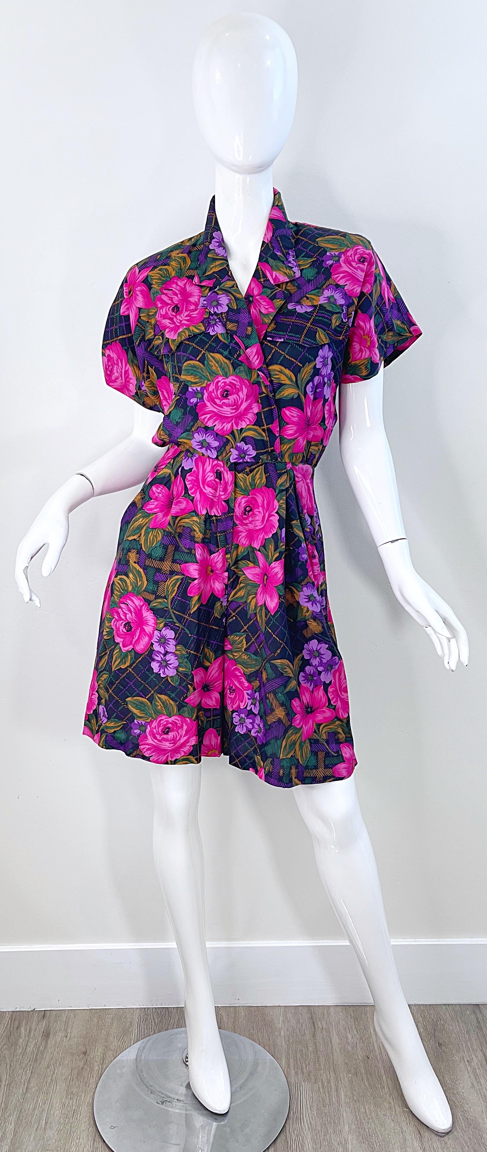 1980s Flower and Plaid Print Pink + Purple Short Sleeve Vintage 80s Romper For Sale 1