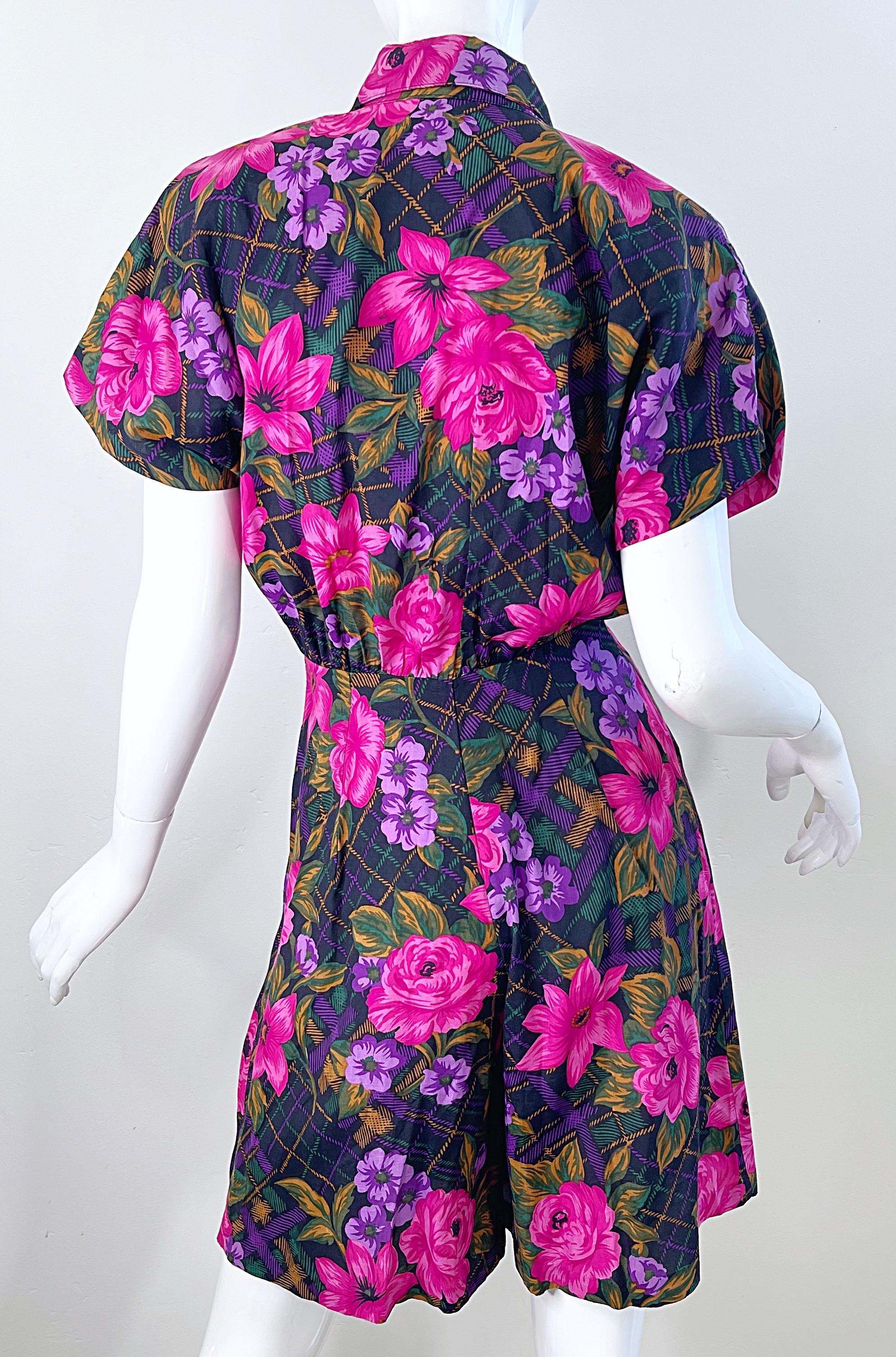 1980s Flower and Plaid Print Pink + Purple Short Sleeve Vintage 80s Romper  For Sale 2
