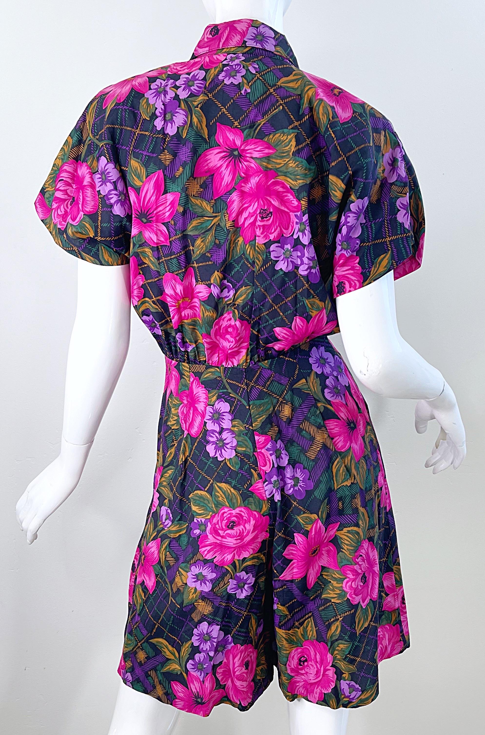 1980s Flower and Plaid Print Pink + Purple Short Sleeve Vintage 80s Romper For Sale 2