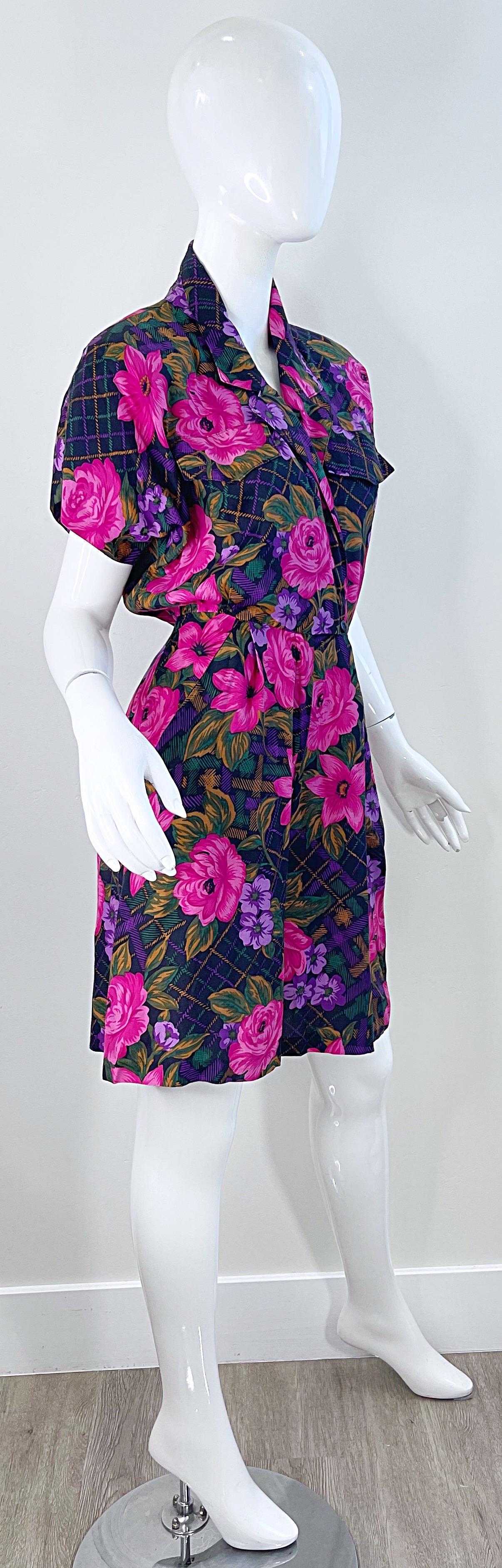 1980s Flower and Plaid Print Pink + Purple Short Sleeve Vintage 80s Romper For Sale 3