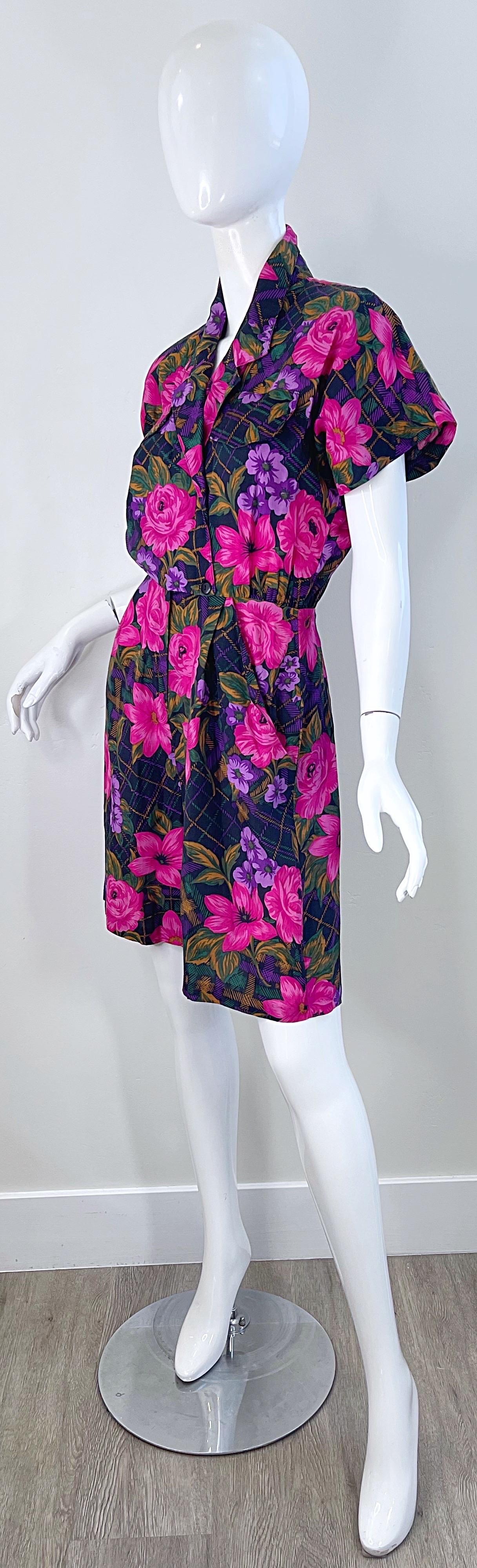 1980s Flower and Plaid Print Pink + Purple Short Sleeve Vintage 80s Romper For Sale 4