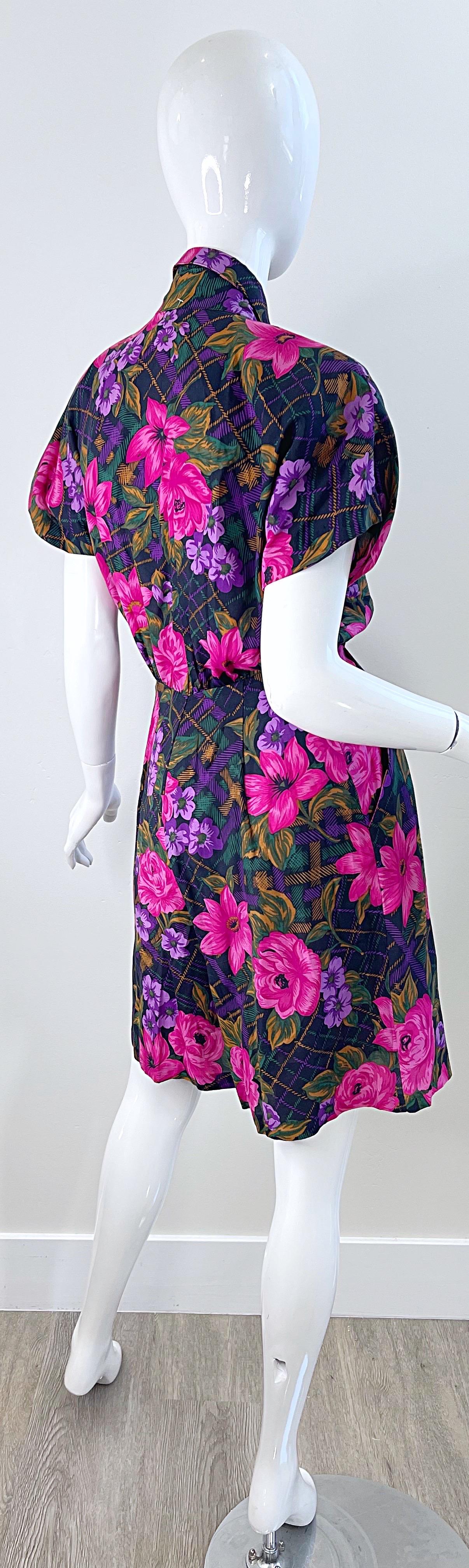 1980s Flower and Plaid Print Pink + Purple Short Sleeve Vintage 80s Romper For Sale 5