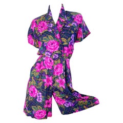 1980s Flower and Plaid Print Pink + Purple Short Sleeve Vintage 80s Romper