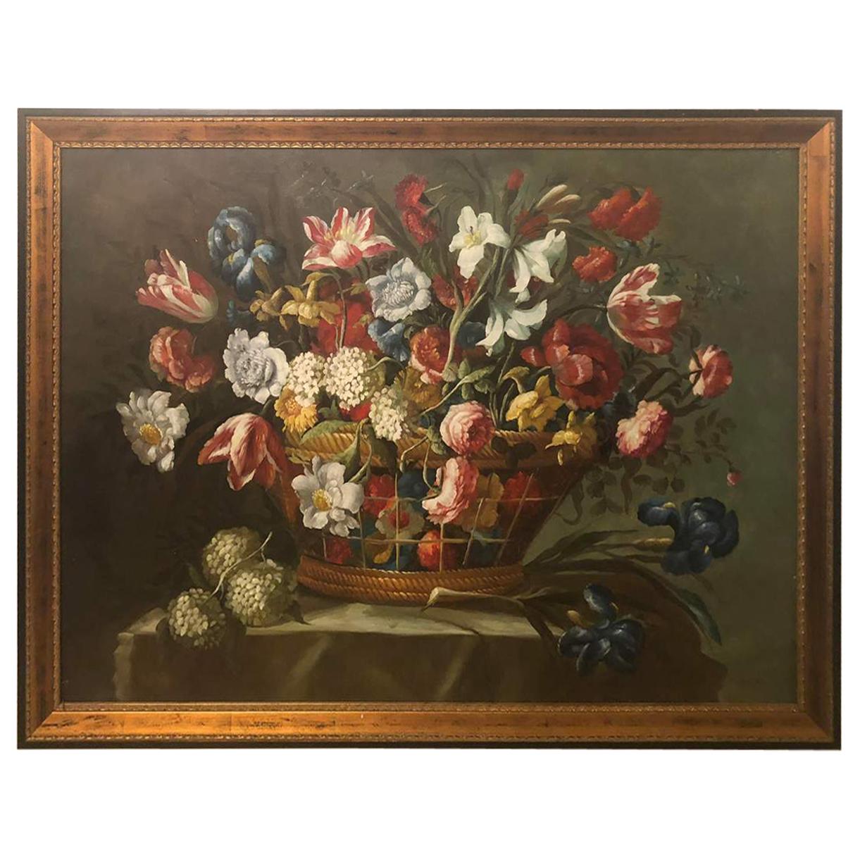 1980s Flower Bouquet Oil on Canvas Painting