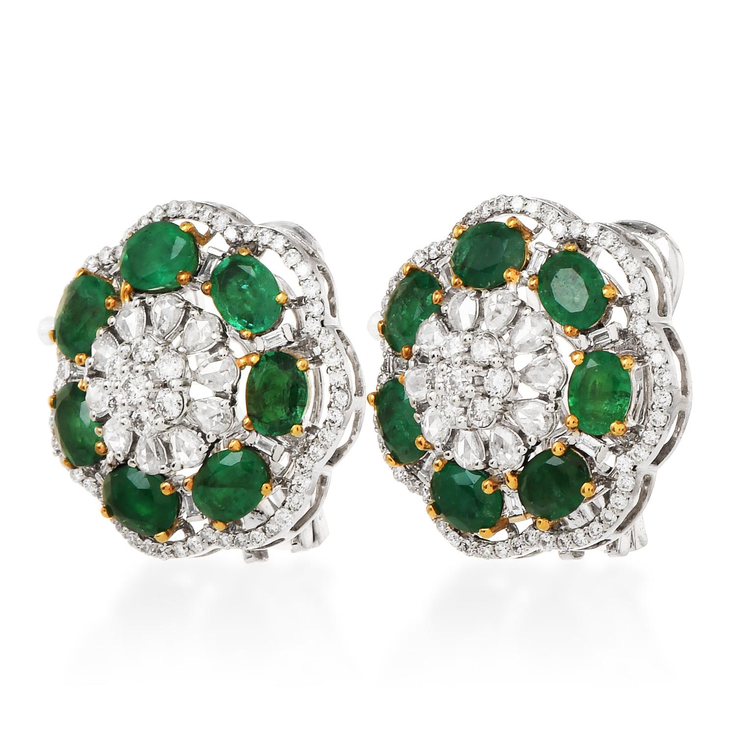 Modern 1980's Flower Emerald Diamond 18K Gold Stud Earrings