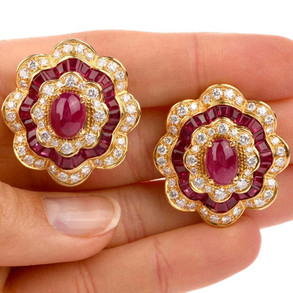 GIA 1980s Flower Ruby Diamond 18 Karat Yellow Gold Clip-On Earrings In Excellent Condition In Miami, FL