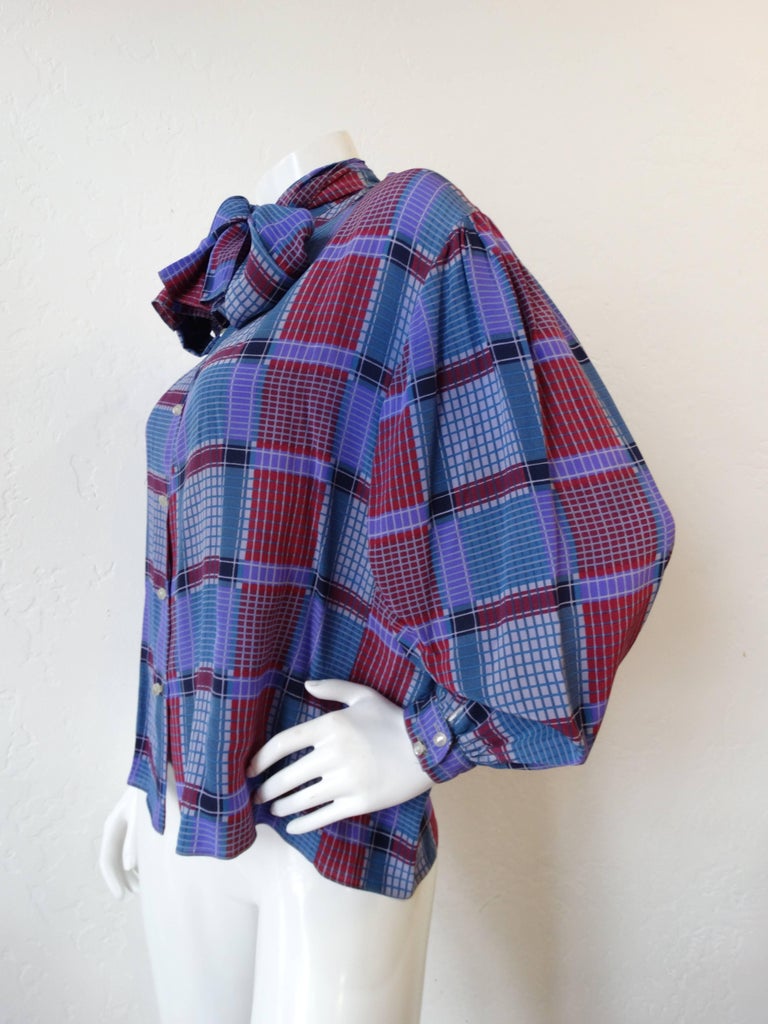 1980s Fong Leng Plaid Printed Pussybow Blouse For Sale at 1stDibs