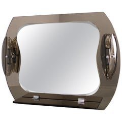 1980s Fontana Arte, Large Glass Wall Mirror with Lights and Shelf, Italy