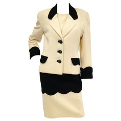 1980s Fontana Couture for Amen Wardy Cream and Black Scallop Suit Dress