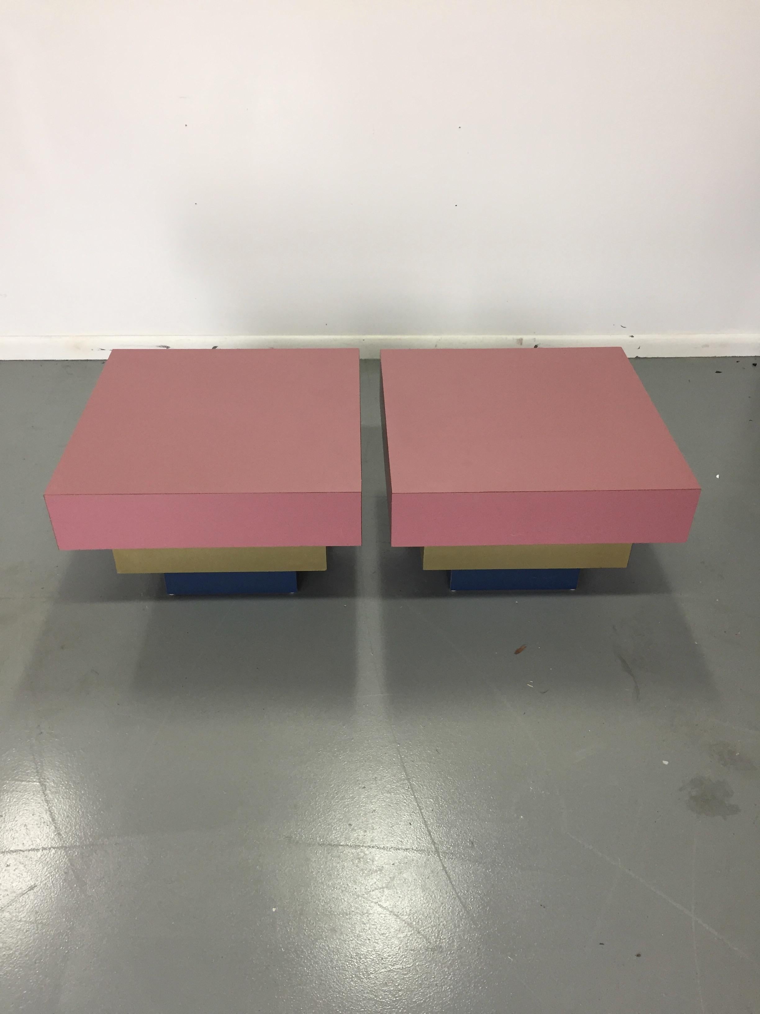 Formica Dusty Rose and Brass Stepped Side Tables Midcentury a La Karl Springer 4