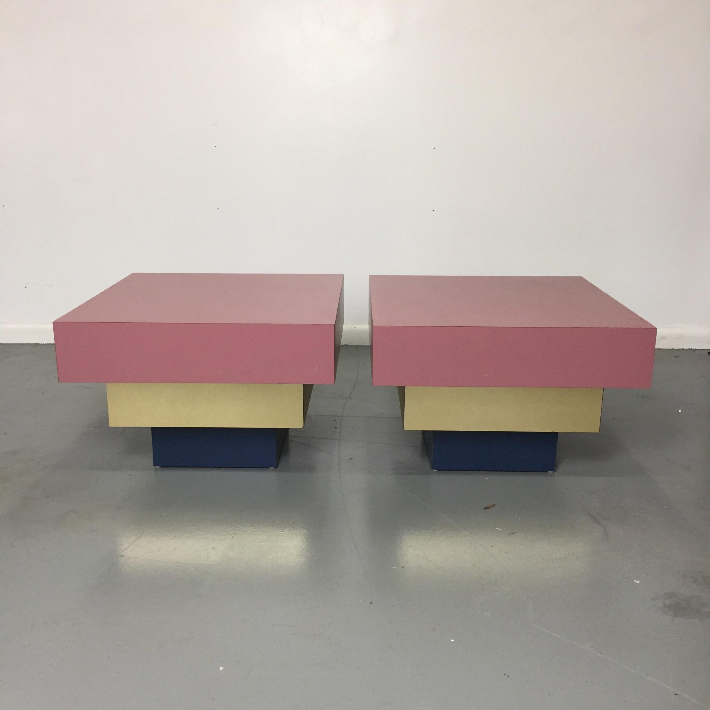 Formica Dusty Rose and Brass Stepped Side Tables Midcentury a La Karl Springer 5