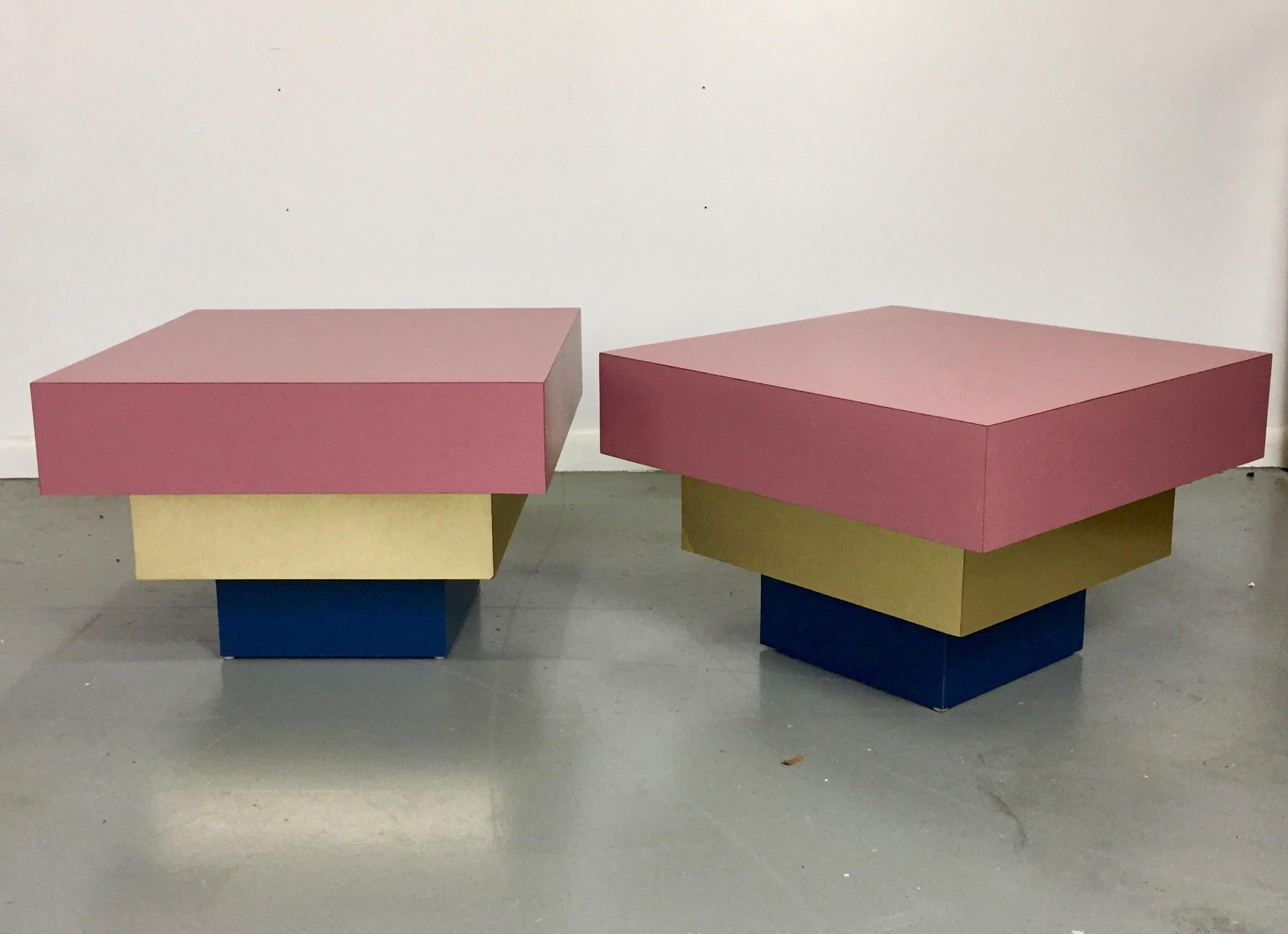 Mid-Century Modern Formica Dusty Rose and Brass Stepped Side Tables Midcentury a La Karl Springer