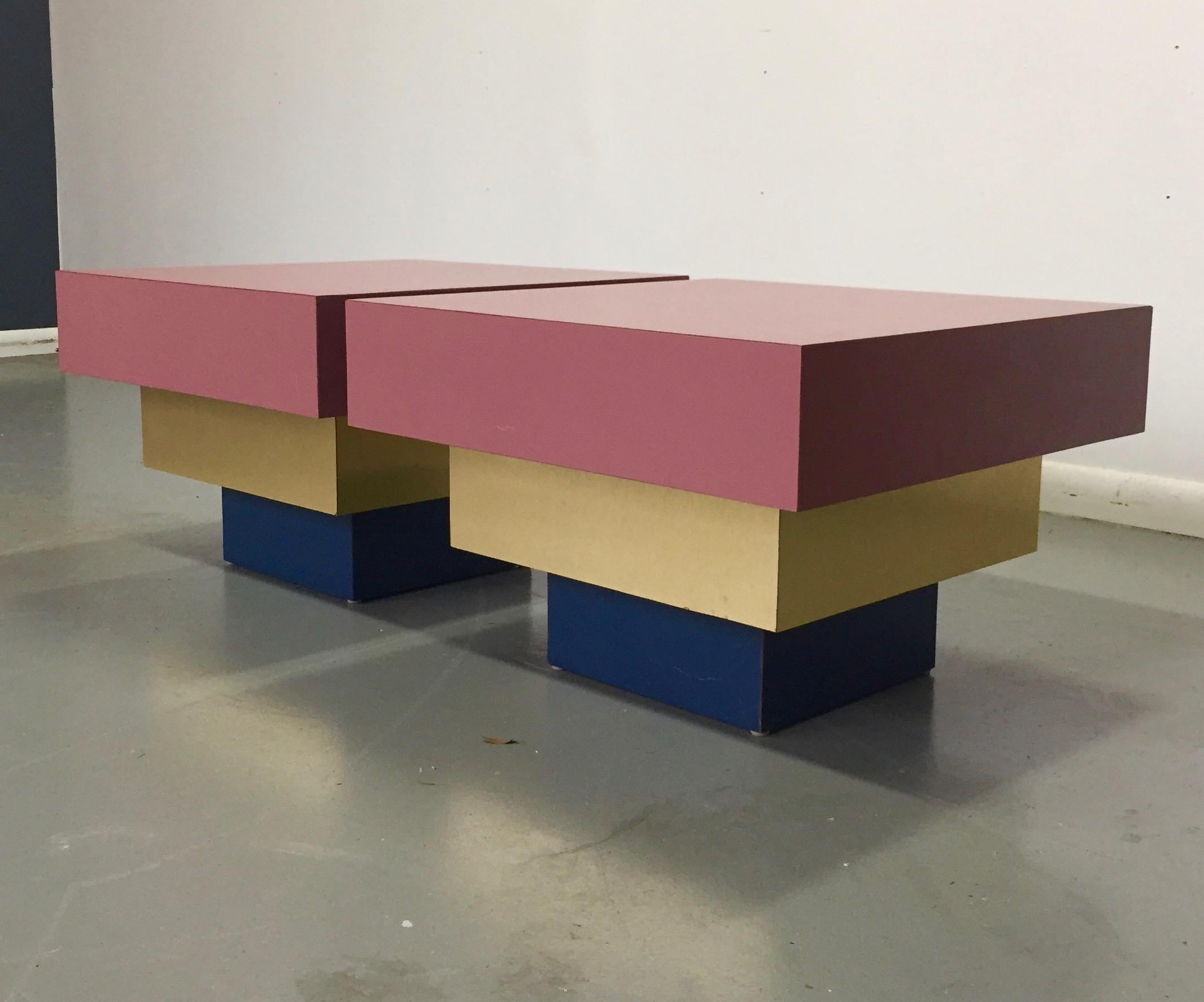 Formica Dusty Rose and Brass Stepped Side Tables Midcentury a La Karl Springer In Good Condition In Philadelphia, PA