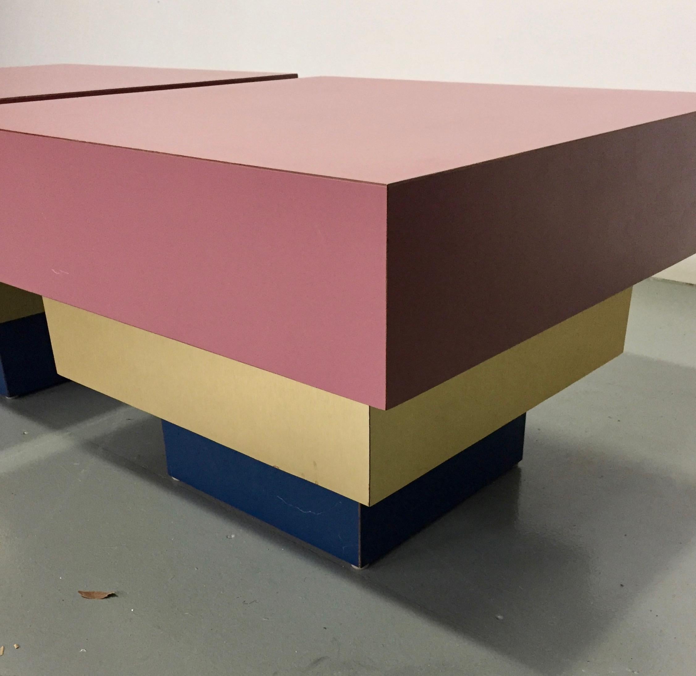 Formica Dusty Rose and Brass Stepped Side Tables Midcentury a La Karl Springer 2