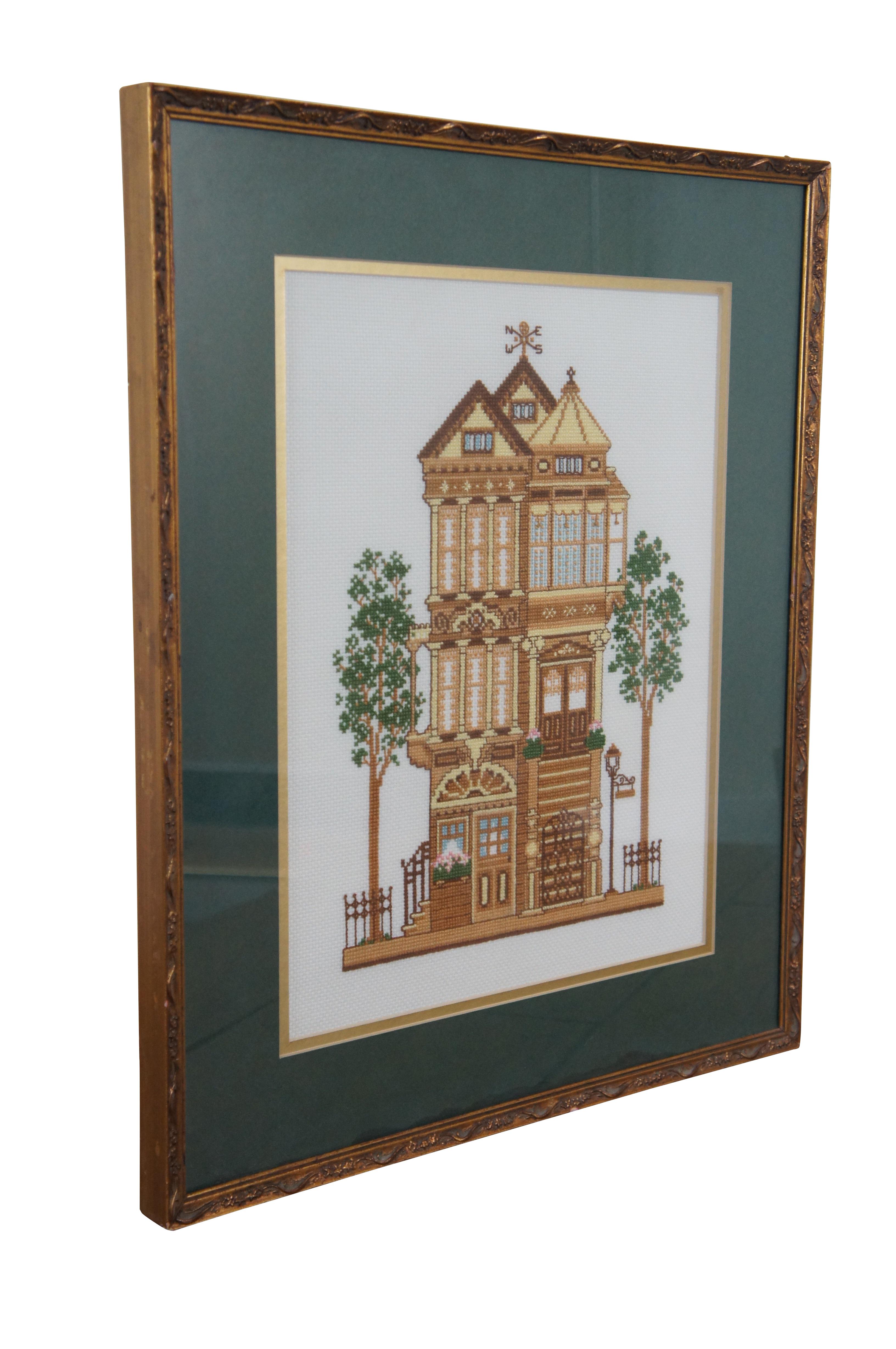 1980s Framed Cross Stitch Embroidery Turn of the Century Yellow House Sunset 294 In Good Condition In Dayton, OH