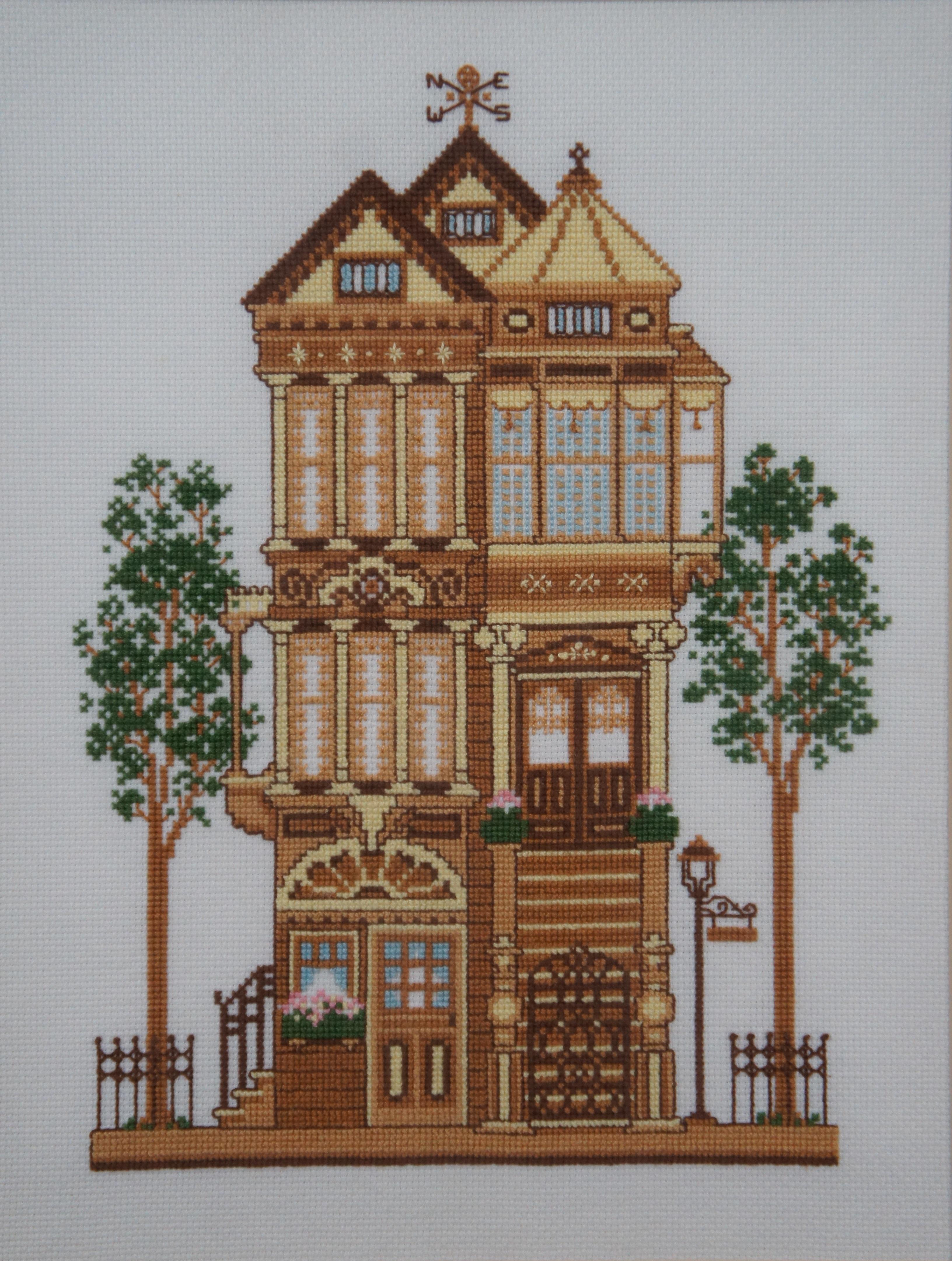 1980s Framed Cross Stitch Embroidery Turn of the Century Yellow House Sunset 294 1