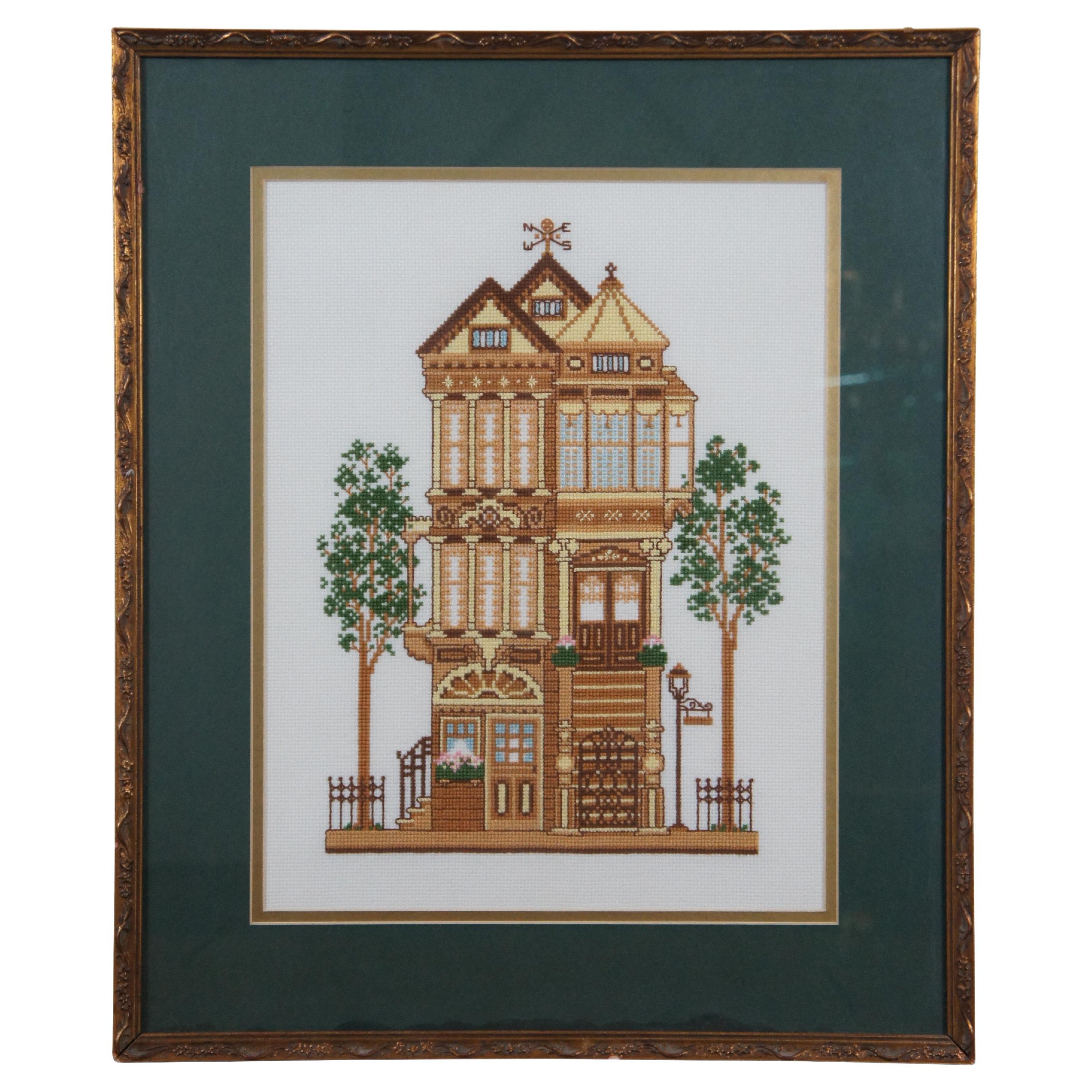 1980s Framed Cross Stitch Embroidery Turn of the Century Yellow House Sunset 294