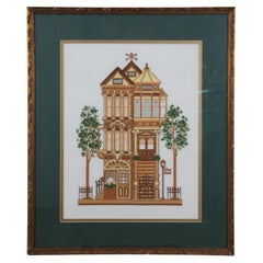 1980s Framed Cross Stitch Embroidery Turn of the Century Yellow House Sunset 294