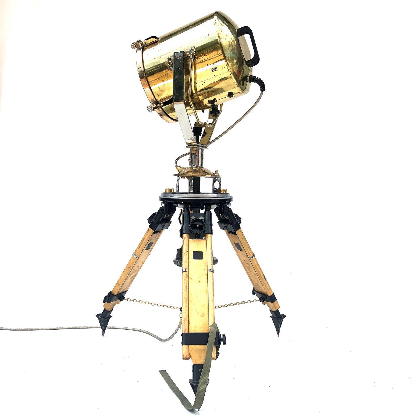 Industrial 1980s Francis British Brass Search Light Russian Military Gyroscope Tripod Lamp