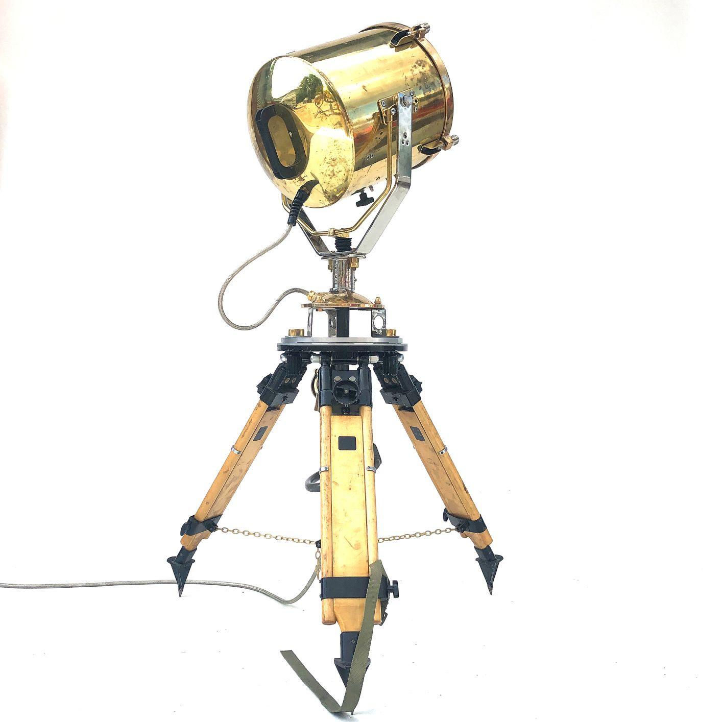 English 1980s Francis British Brass Search Light Russian Military Gyroscope Tripod Lamp