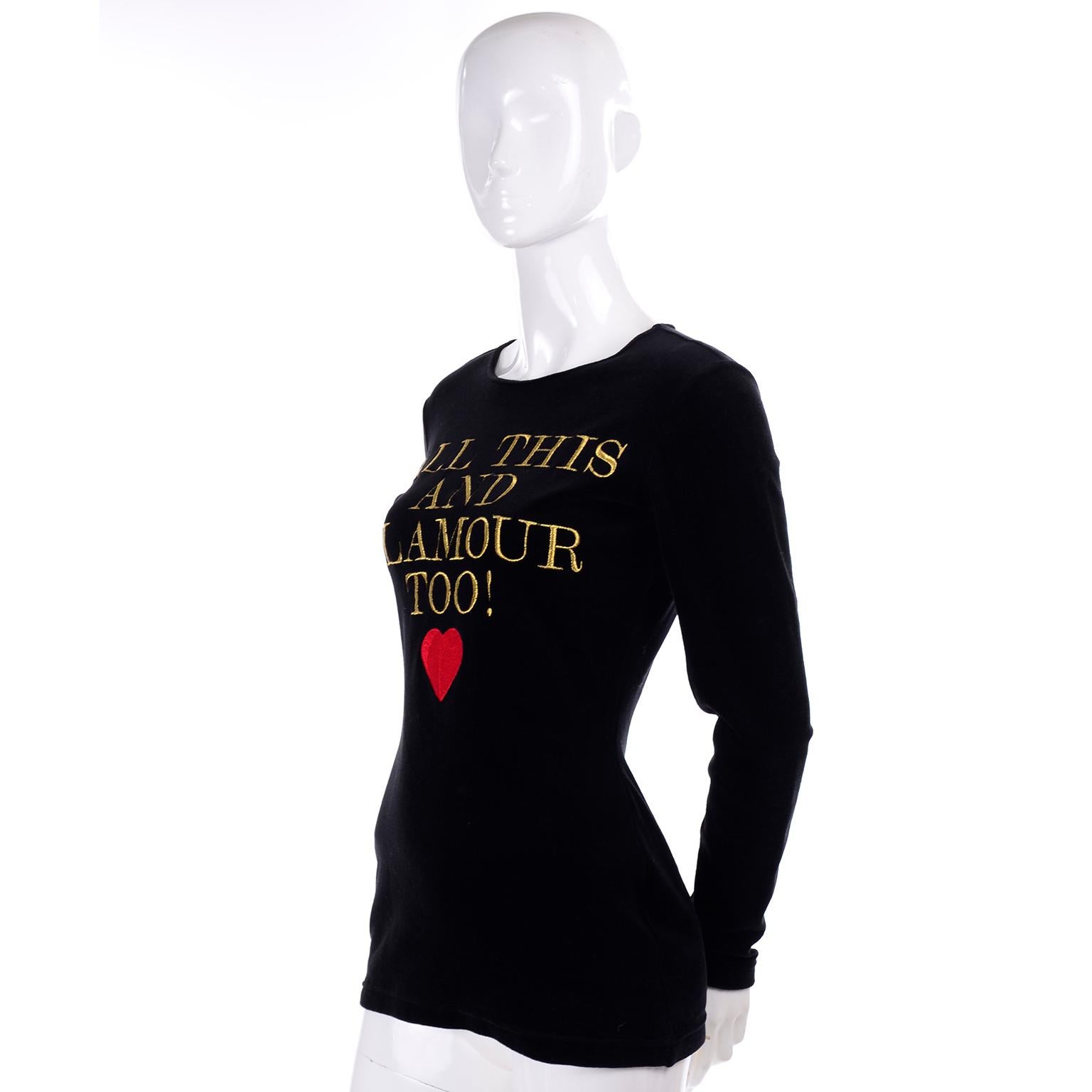 Women's 1980s Franco Moschino All This and Glamour Too Vintage Black Top W Red Heart